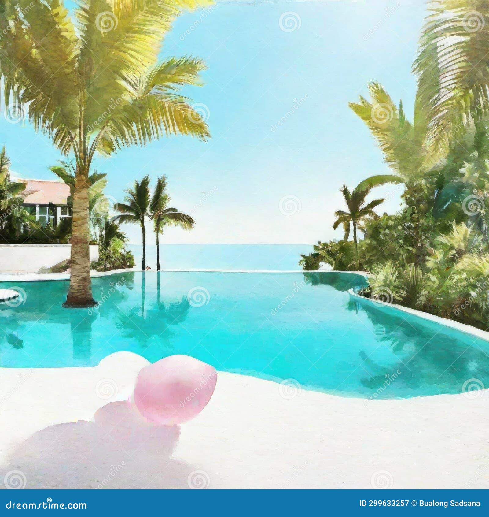 watercolor of product display piscina de lujo background piscina agua turquesa y palmeras ia generativa