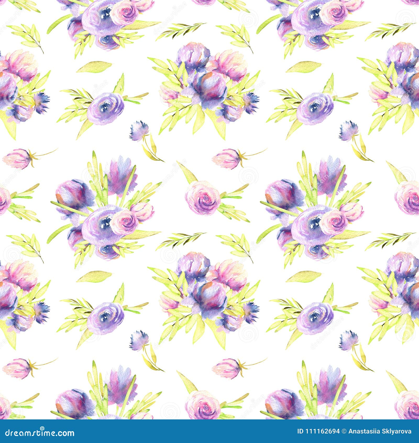 Watercolor Purple Peonies and Roses Bouquets Seamless Pattern Stock ...