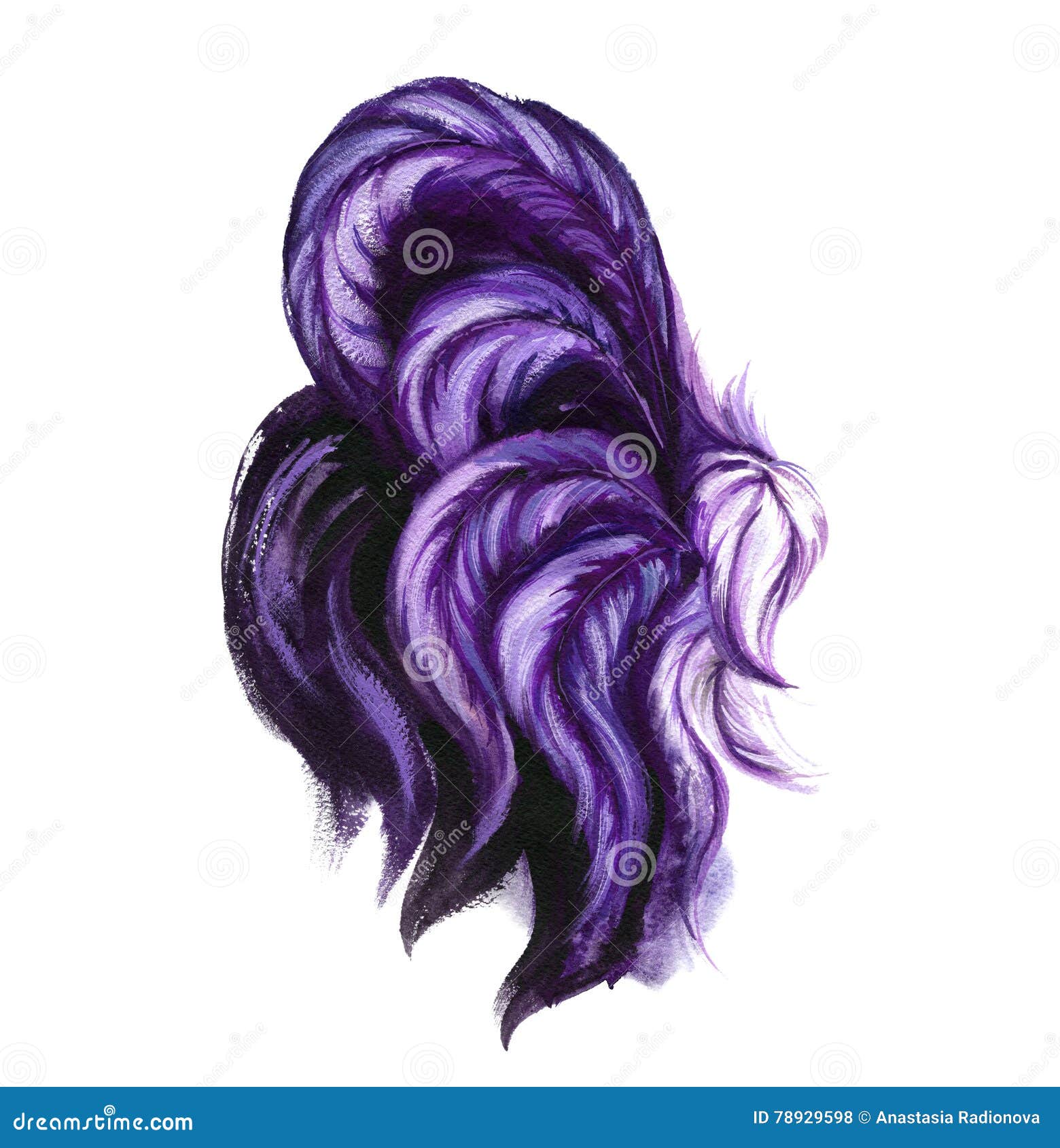 Watercolor Purple Rooster Illustration. Violet Color Rooster Tail