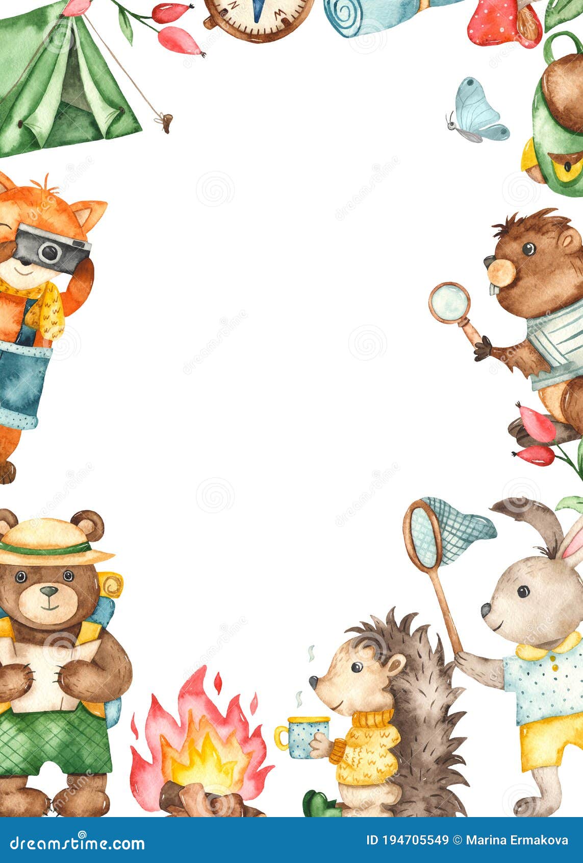 Watercolor Rectangular Camping Frame with Animals, Tent, Bonfire