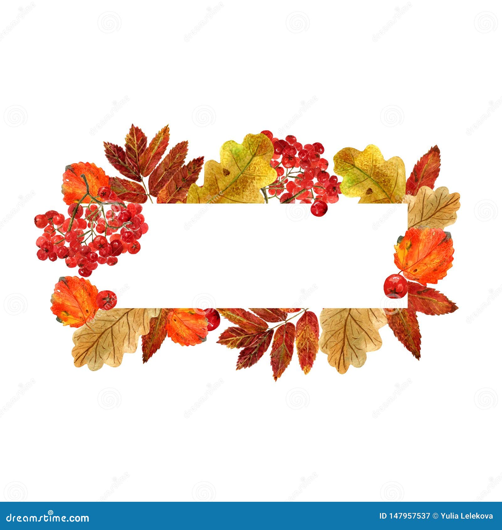 Watercolor Rectangular Frame with Autumn Leaves and Berries. Background ...