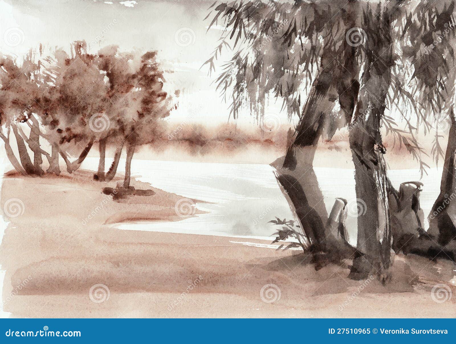 Watercolor riverscape stock illustration. Illustration of black - 27510965