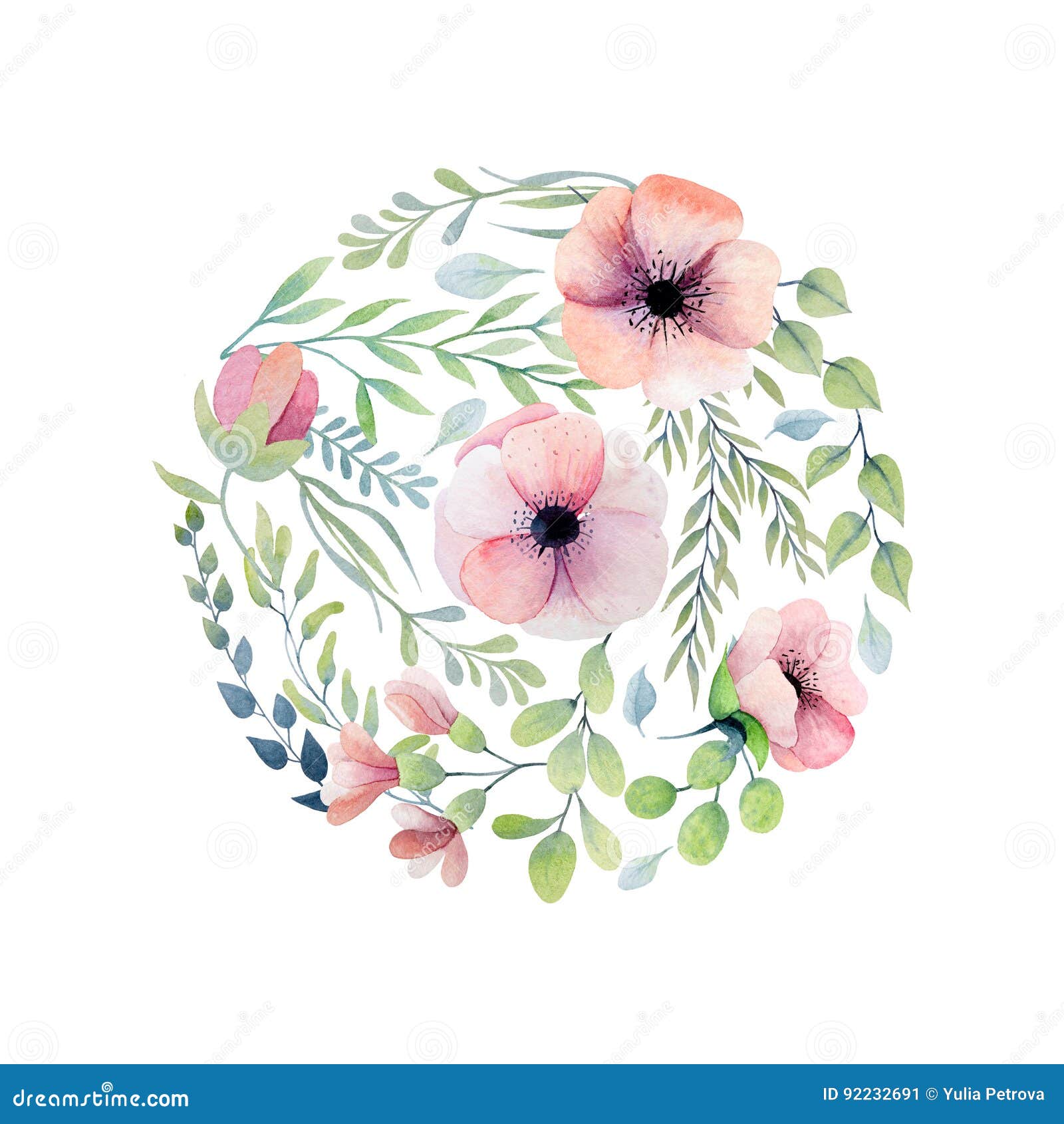 Watercolor Round Floral Composition Stock Illustration