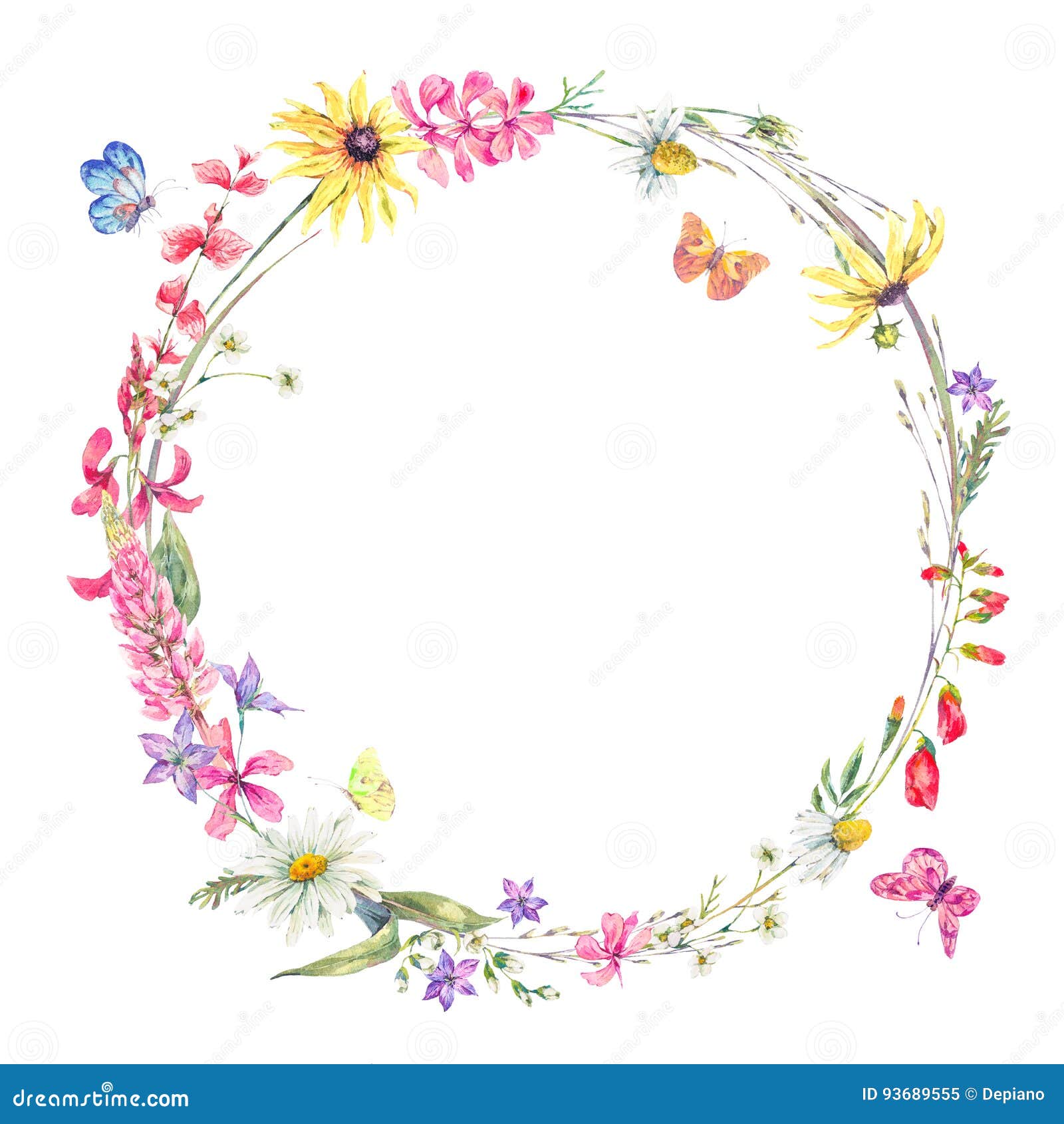 watercolor round frame with wildflowers
