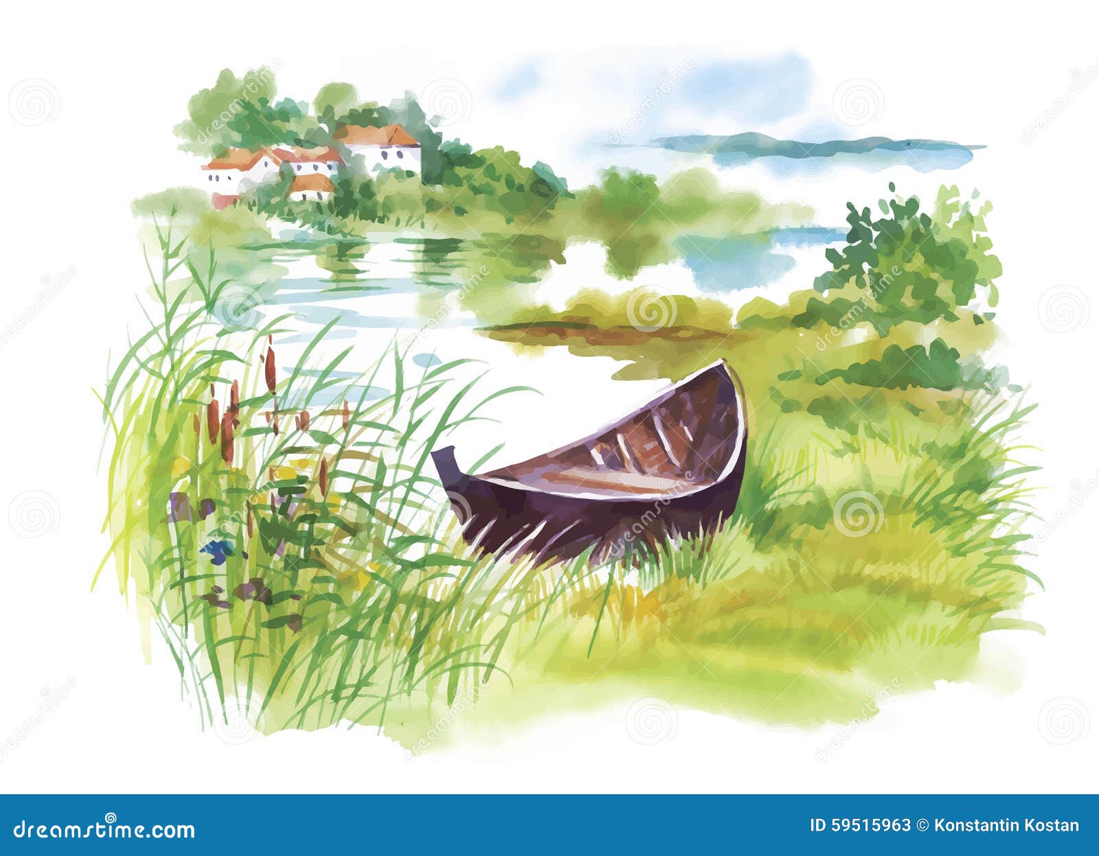 watercolor rural landscape with boat  