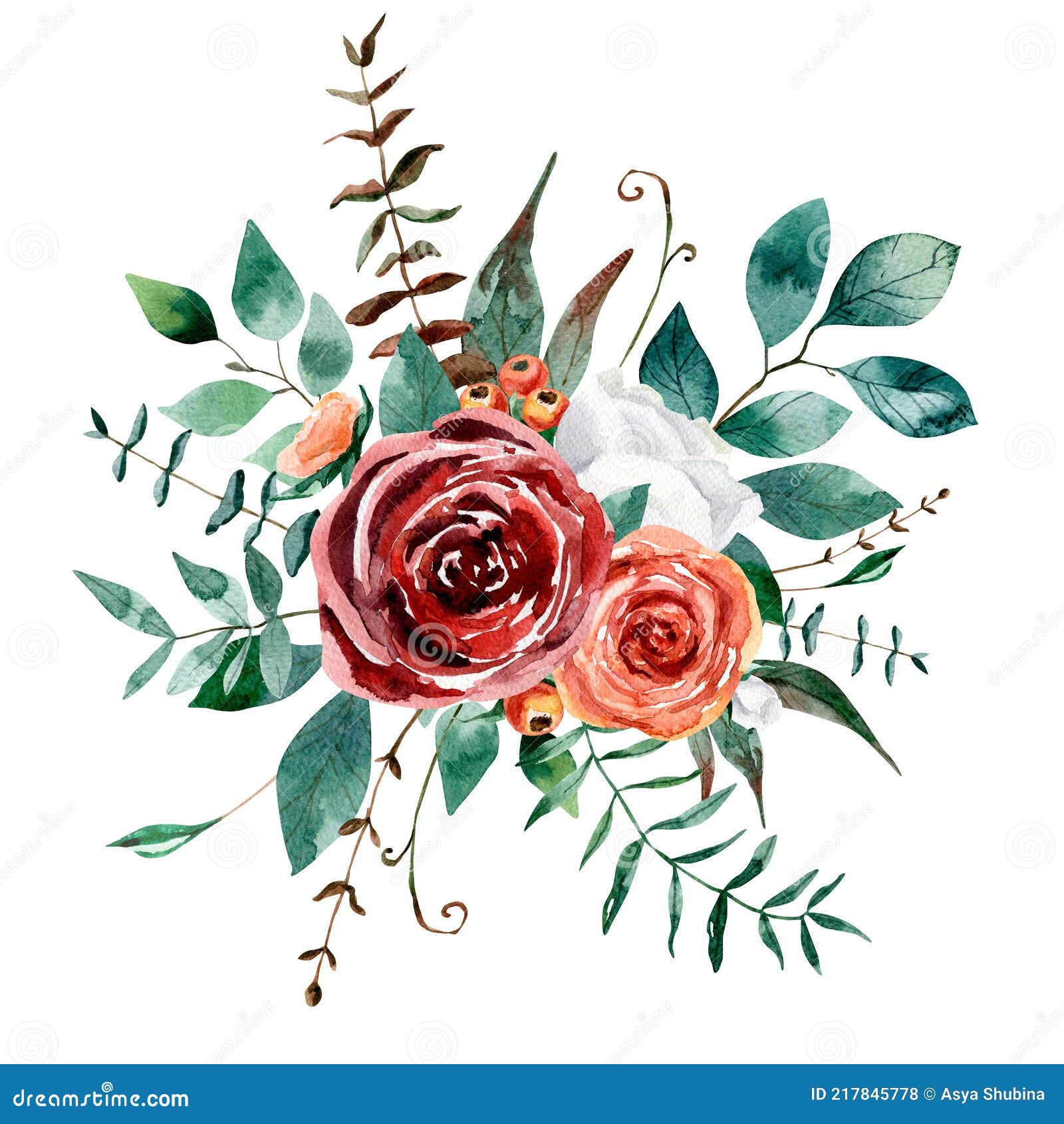 Watercolor Rustic Bouquet of Roses and Greenery Stock Illustration ...