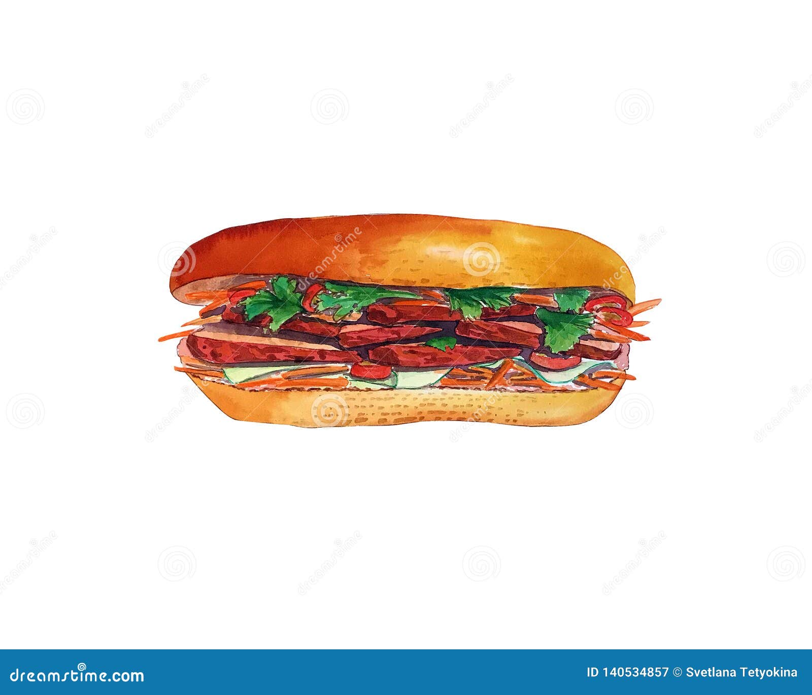 watercolor sandwich with meat cuts  on white background