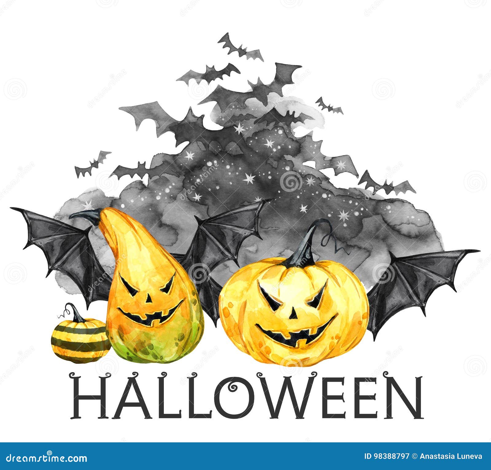 watercolor scary night, flock of bats and holidays pumpkins. halloween holiday . magic,  of horror