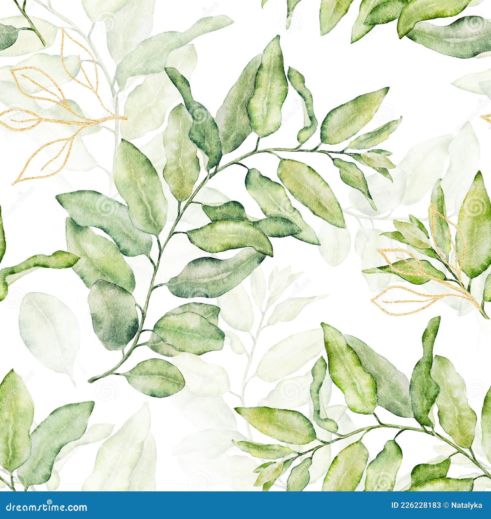 Watercolor Seamless Floral Pattern with Green and Gold Leaves on White  Background Stock Illustration - Illustration of background, card: 226228183