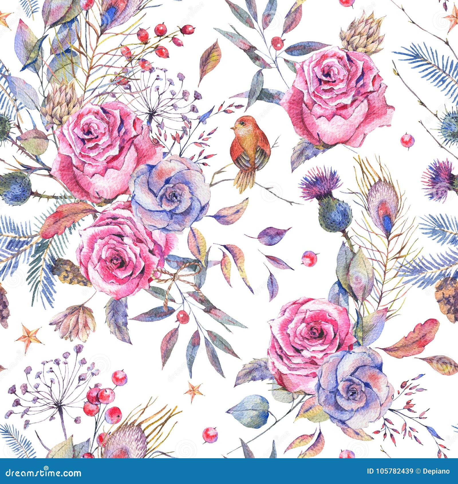 equipo apuntalar para Watercolor Seamless Floral Pattern with Vintage Roses Stock Illustration -  Illustration of berries, background: 105782439