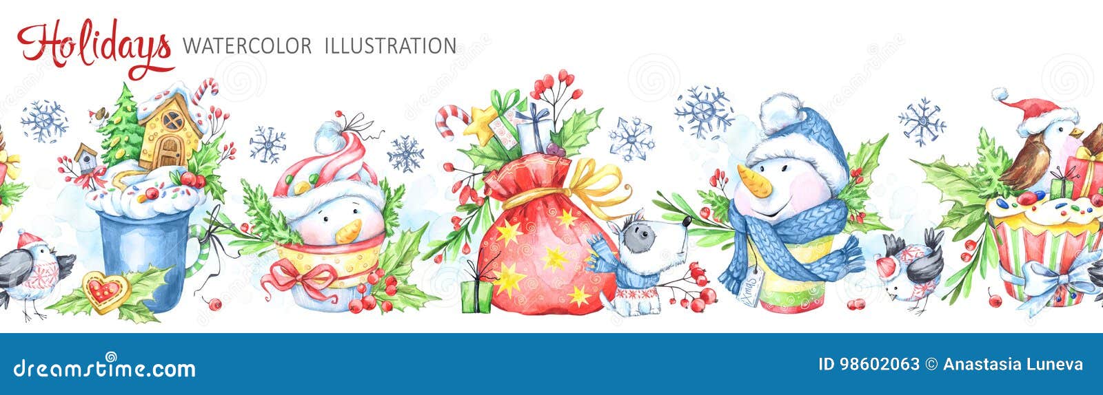 watercolor seamless horizontal garland. snowmens, birds, cup, bag, berries, leaves and gifts. cretive new year. merry