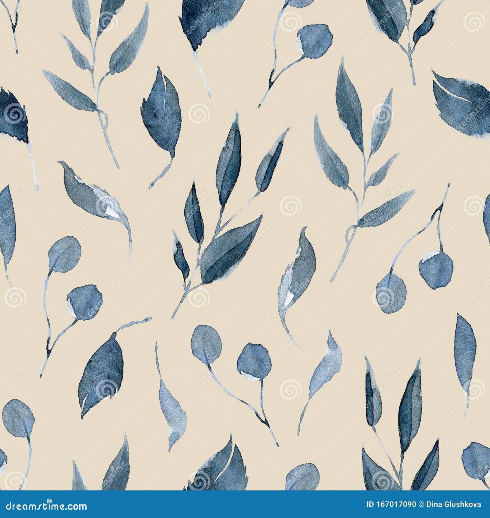 Watercolor Seamless Pattern with Black and Blue Plants Stock