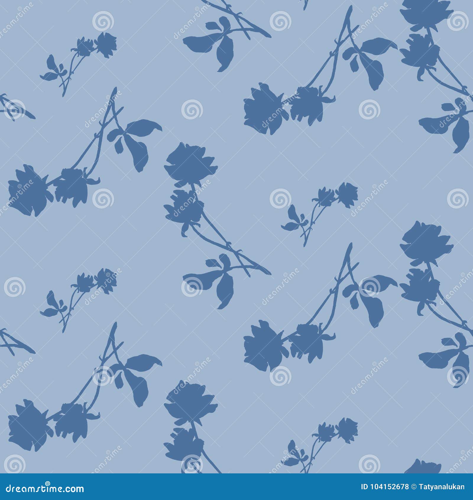 Watercolor Seamless Pattern With Blue Roses And Leaves On Light