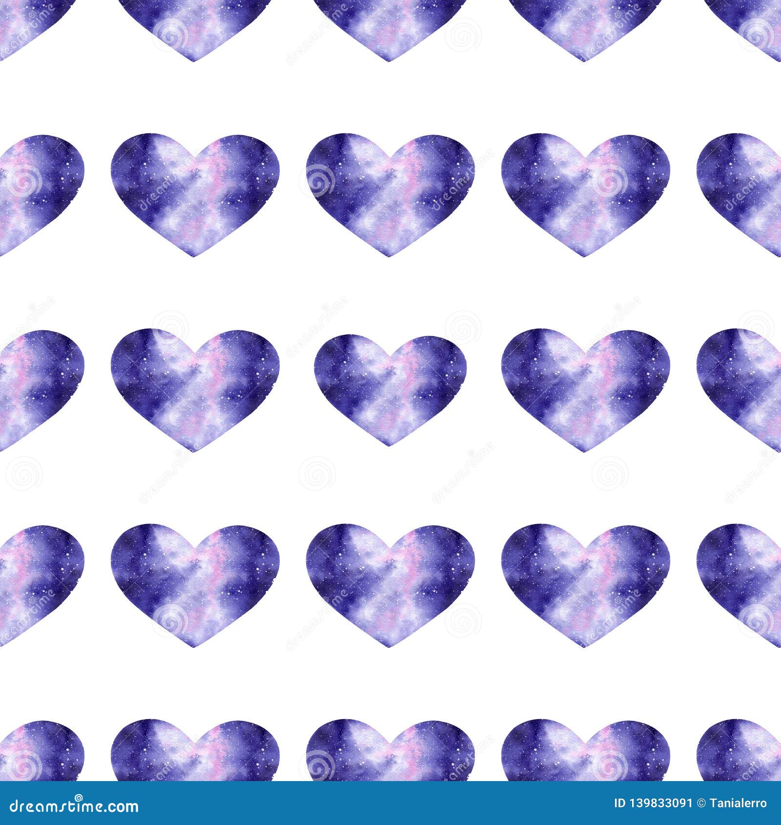 Watercolor Seamless Pattern With Bright Galaxy Hearts Stock