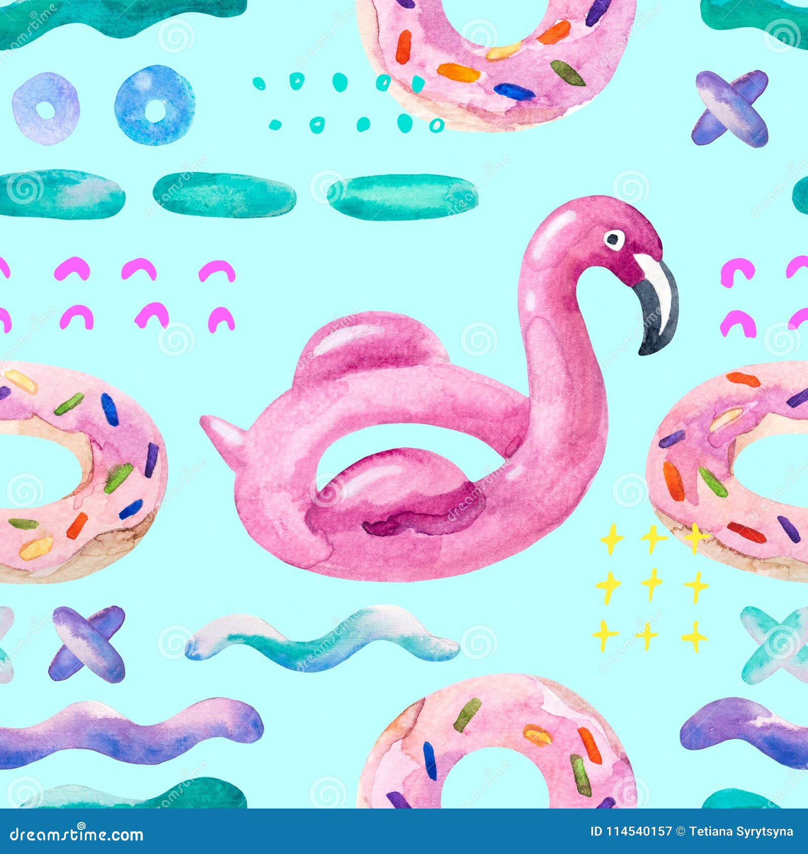 Water Color Flamingo Pool Float, Donut Lilo Floating on 80s 90s Background.  Stock Illustration - Illustration of minimal, draw: 114540157