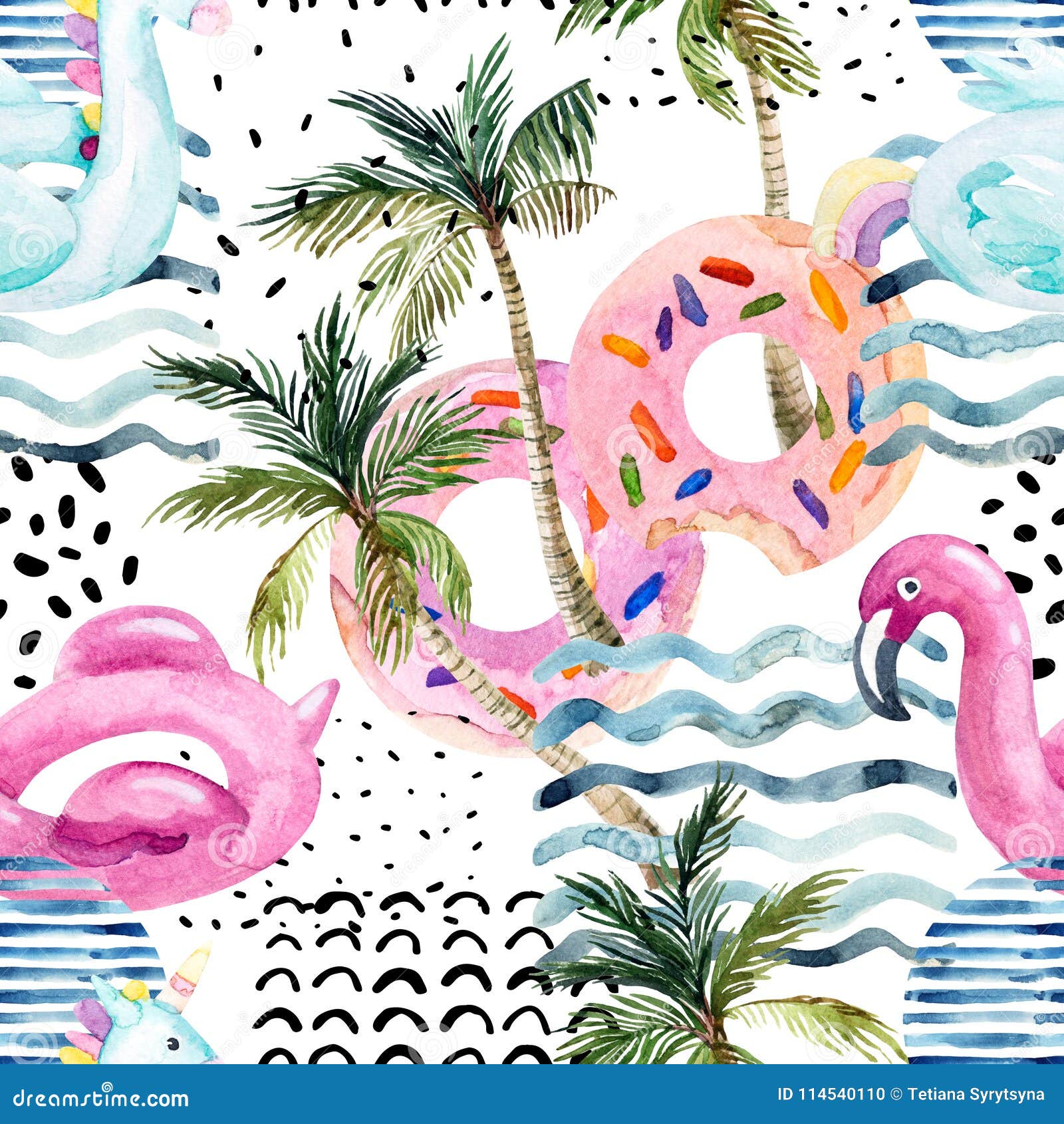 Water Color Flamingo Pool Float, Donut Lilo Floating on 80s 90s Background.  Stock Illustration - Illustration of draw, colorful: 114540110