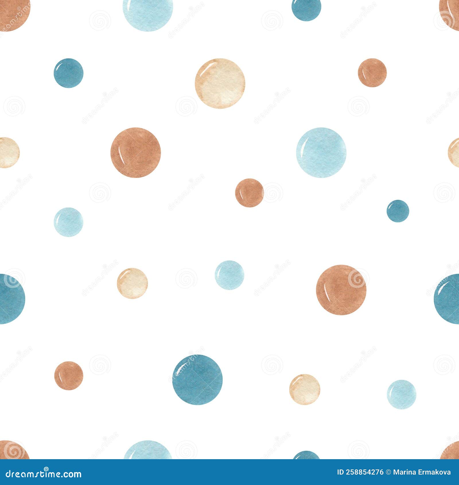 Watercolor Seamless Pattern with Circles, Hand Painted Blue and Beige ...
