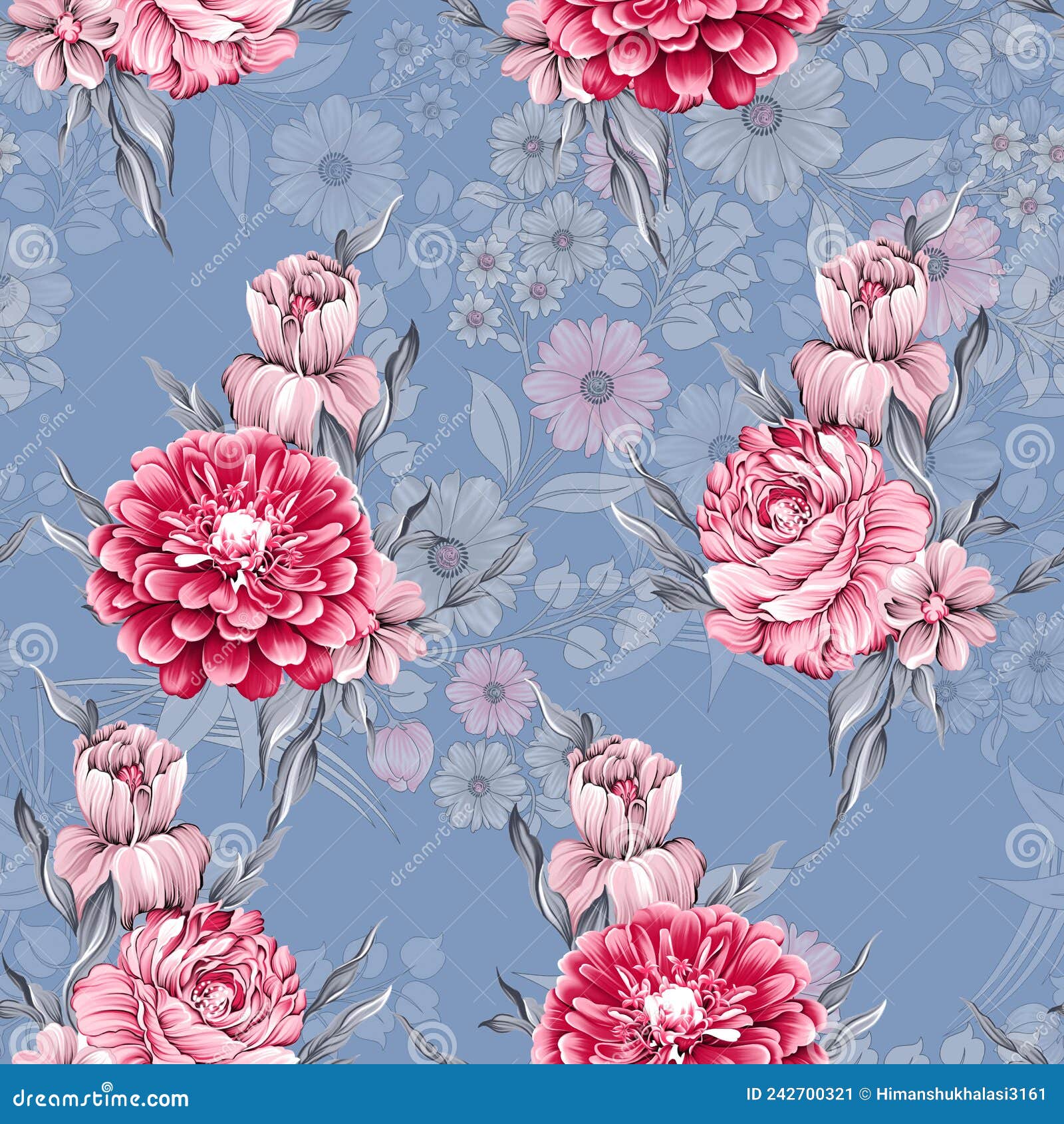 Watercolor Seamless Pattern with Classic Flowers. Perfect for Wallpaper,  Fabric Design, Wrapping Paper, Surface Textures, Digital Stock Illustration  - Illustration of design, floral: 242700321