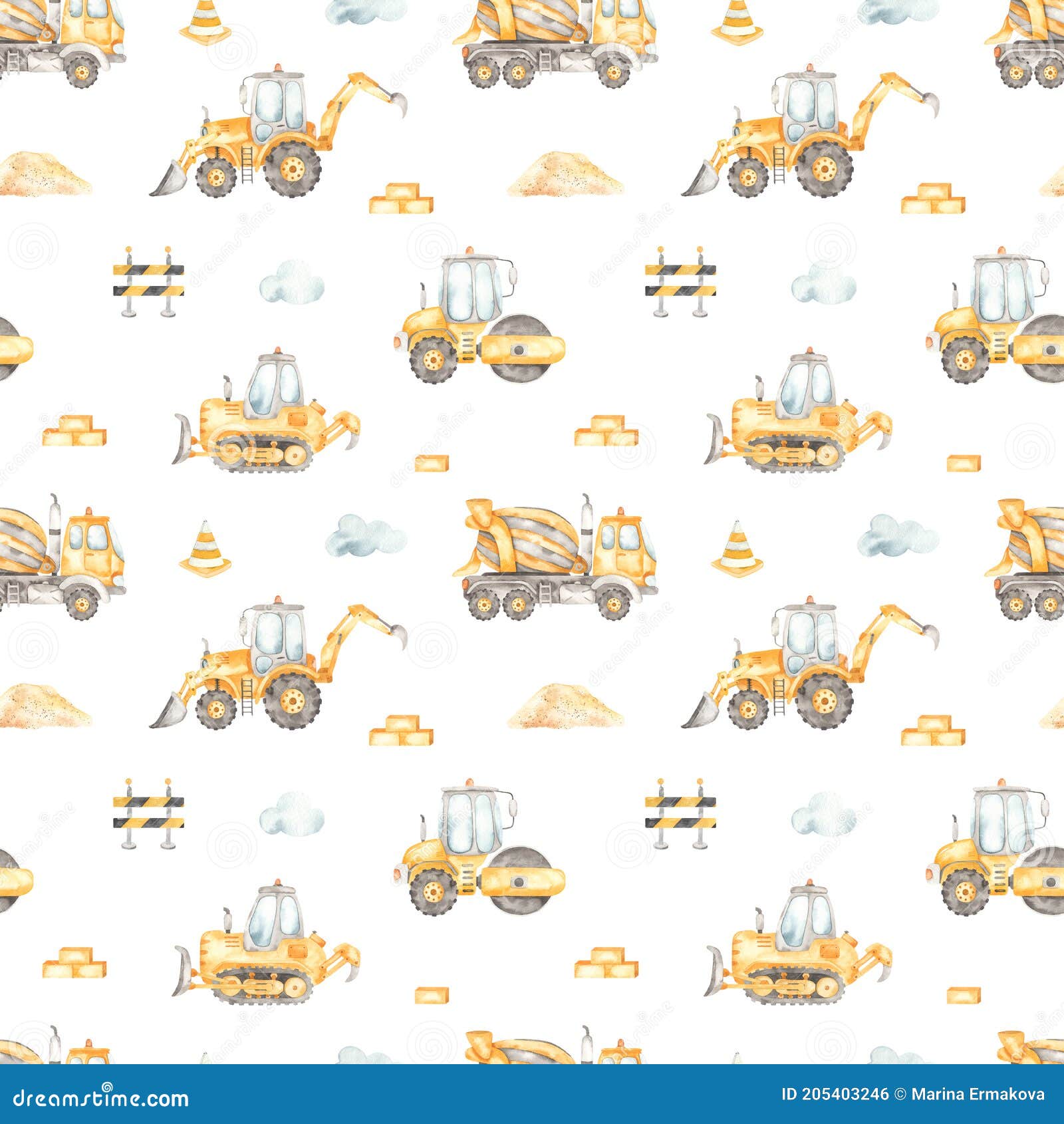 watercolor seamless pattern with construction vehicles, concrete truck, bulldozer, road roller, tractor on a white background