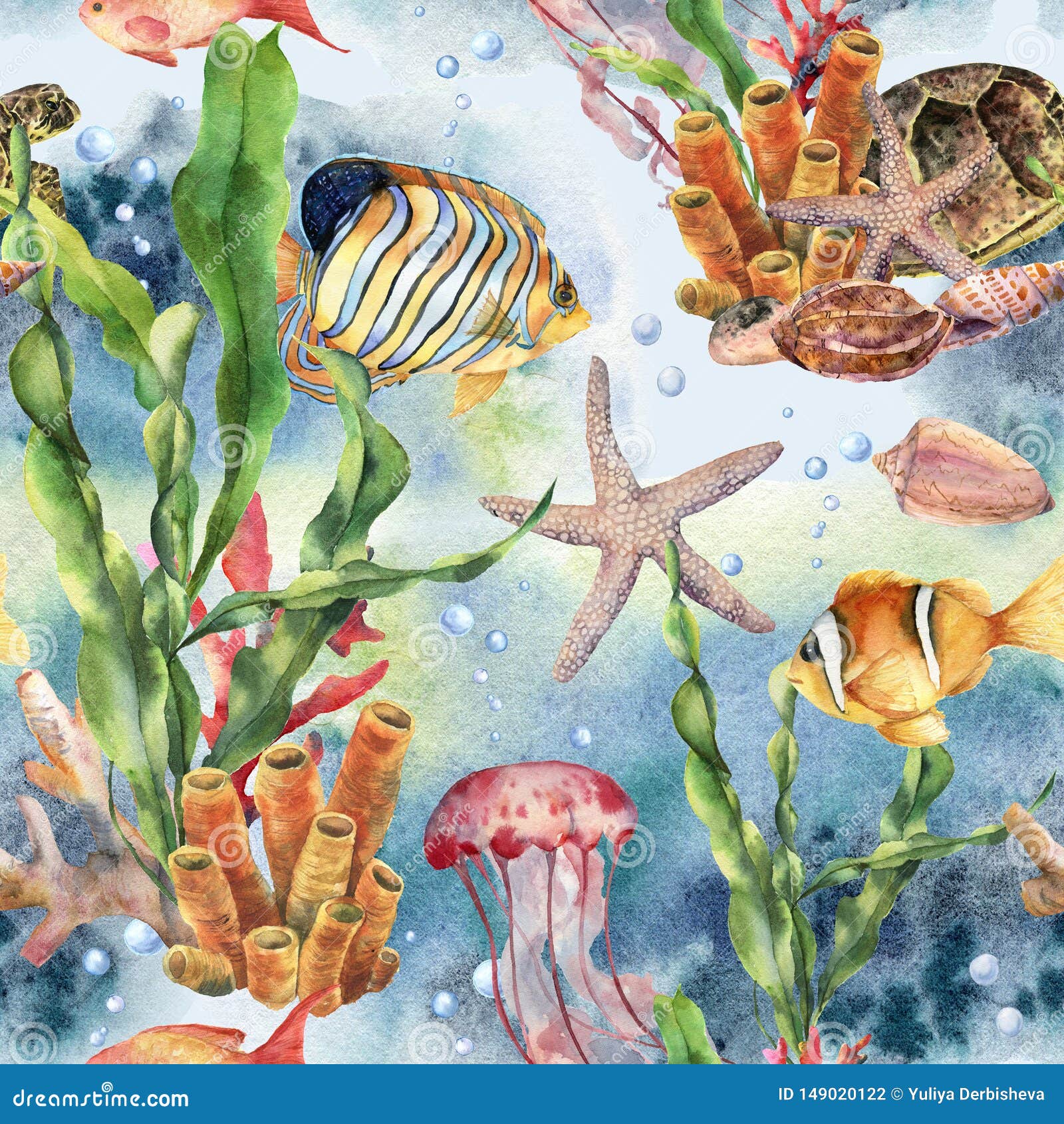 Watercolor Seamless Pattern with Laminaria Branch, Coral Reef and Sea  Animals. Hand Painted Jellyfish, Starfish Stock Photo - Image of cover,  diving: 149020122