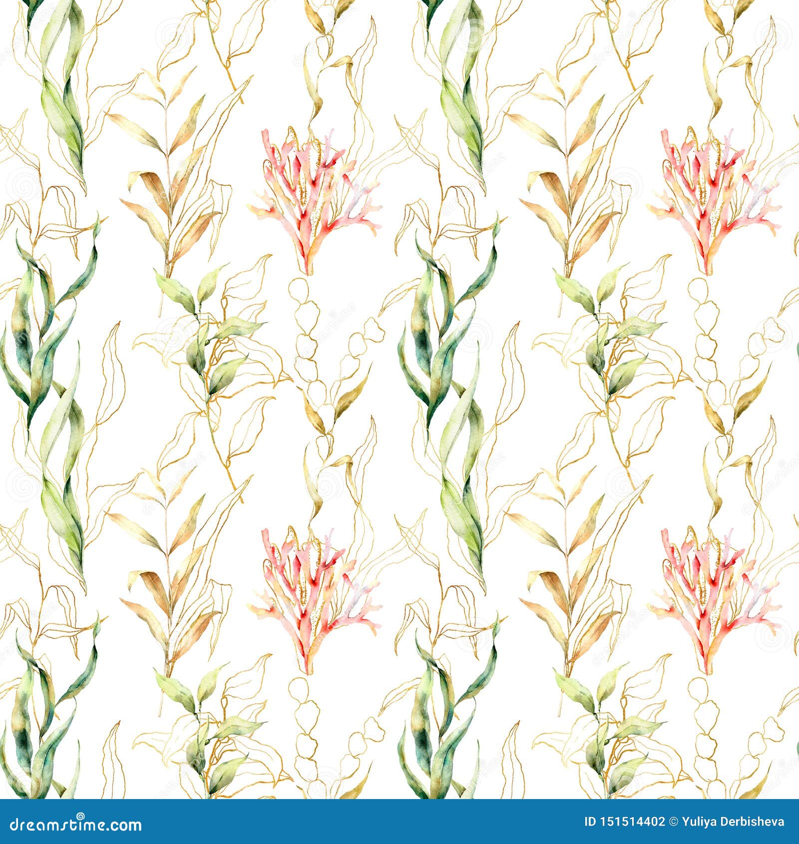 Watercolor Seamless Pattern with Laminaria Leaves and Corals. Hand ...