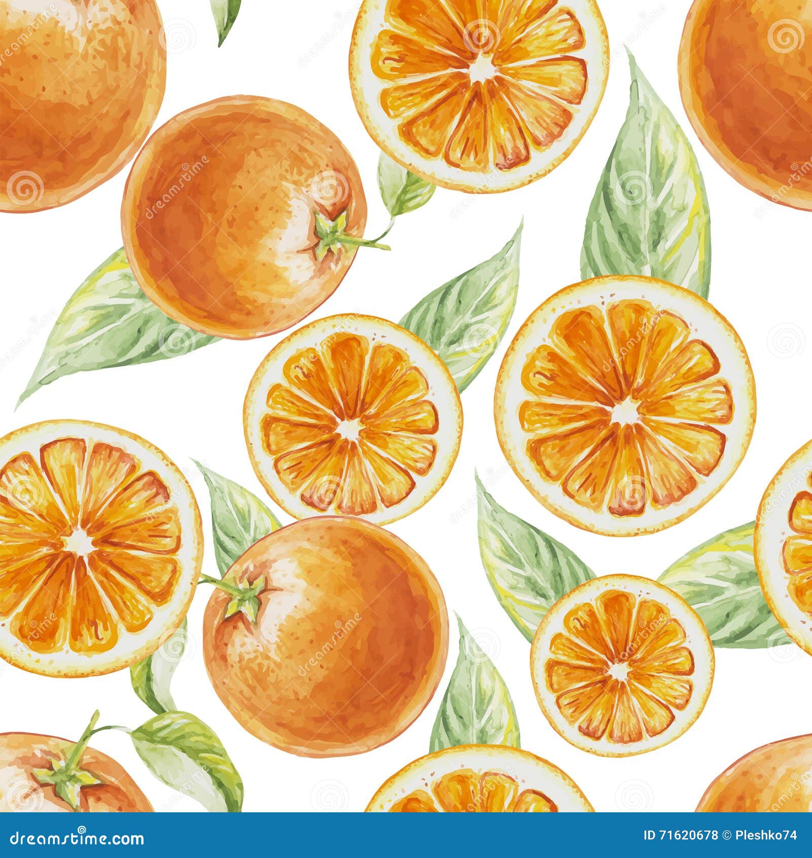 watercolor seamless pattern of orange fruit with leafs