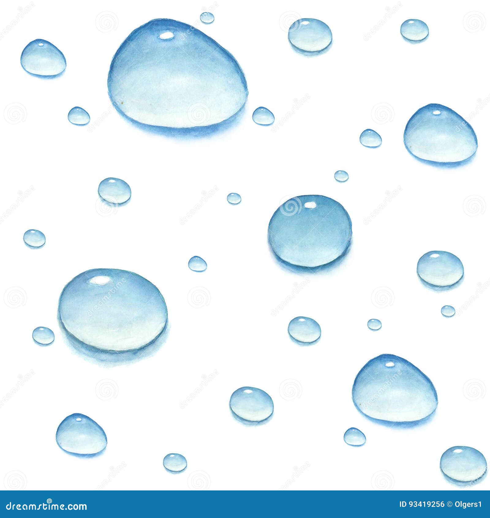 Watercolor Seamless Pattern with Water Drops on a White Background