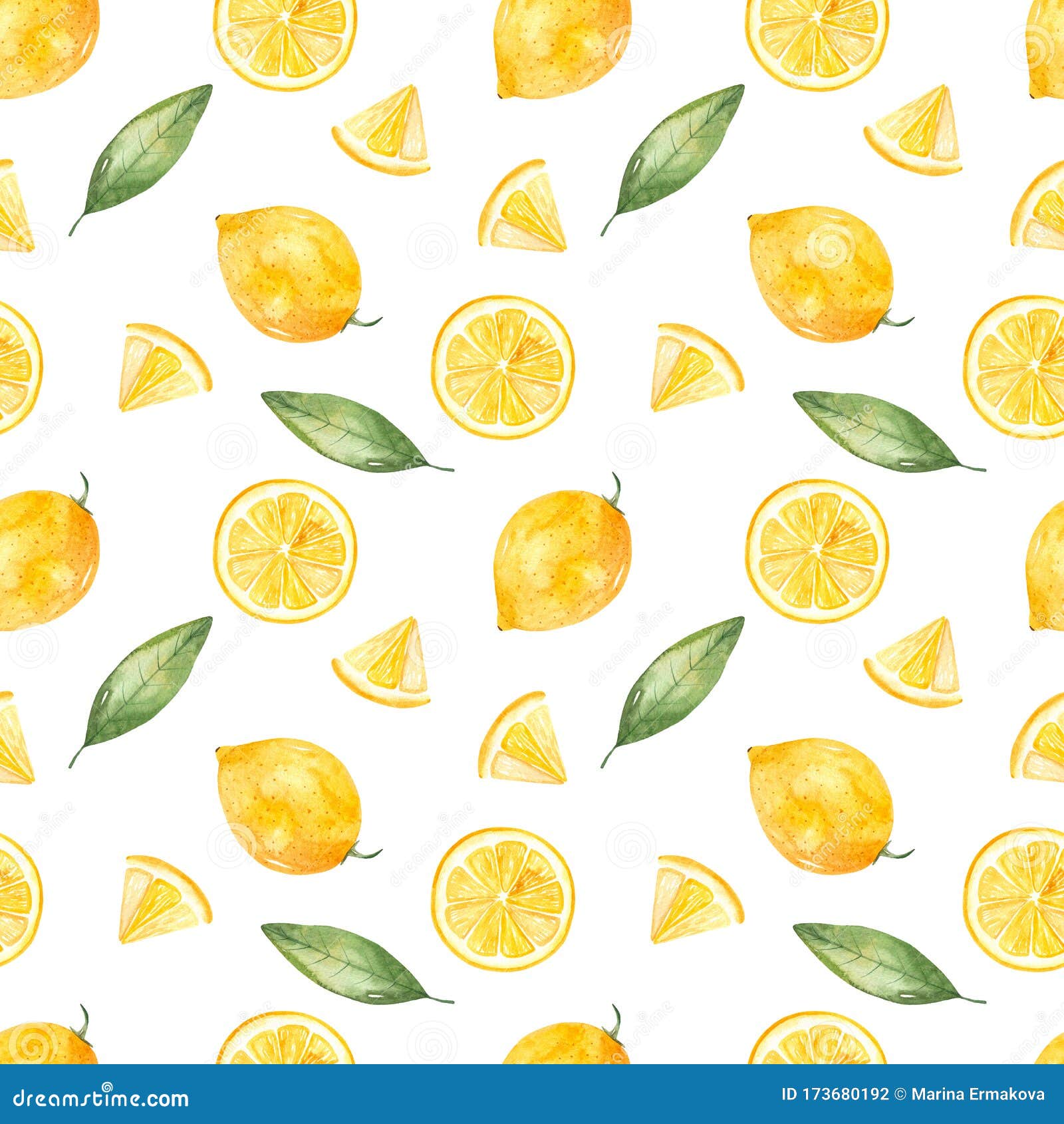 Watercolor Seamless Pattern with Yellow Lemon Fruits on a White ...