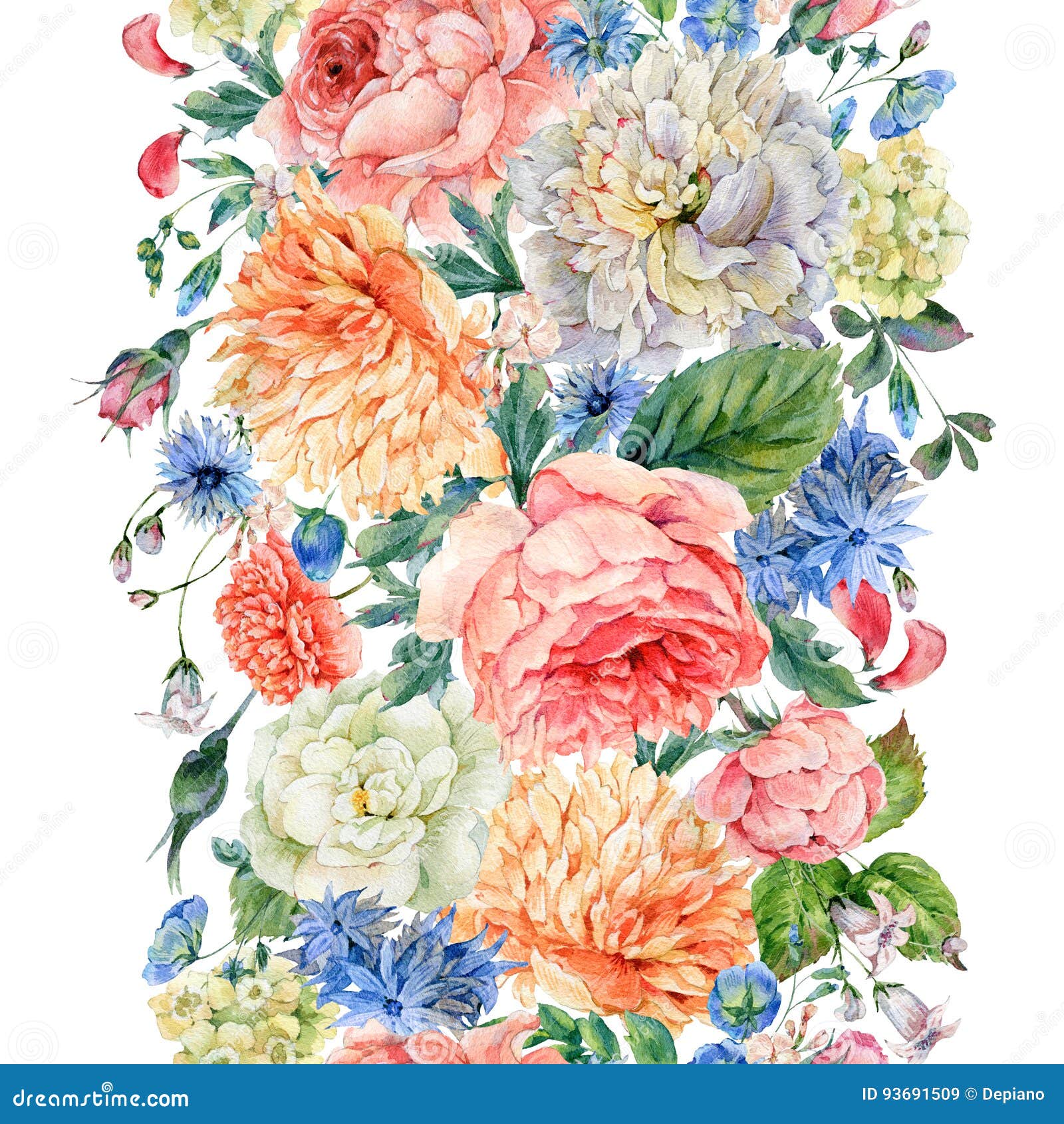 watercolor seamless vertical border with blooming peonies, roses