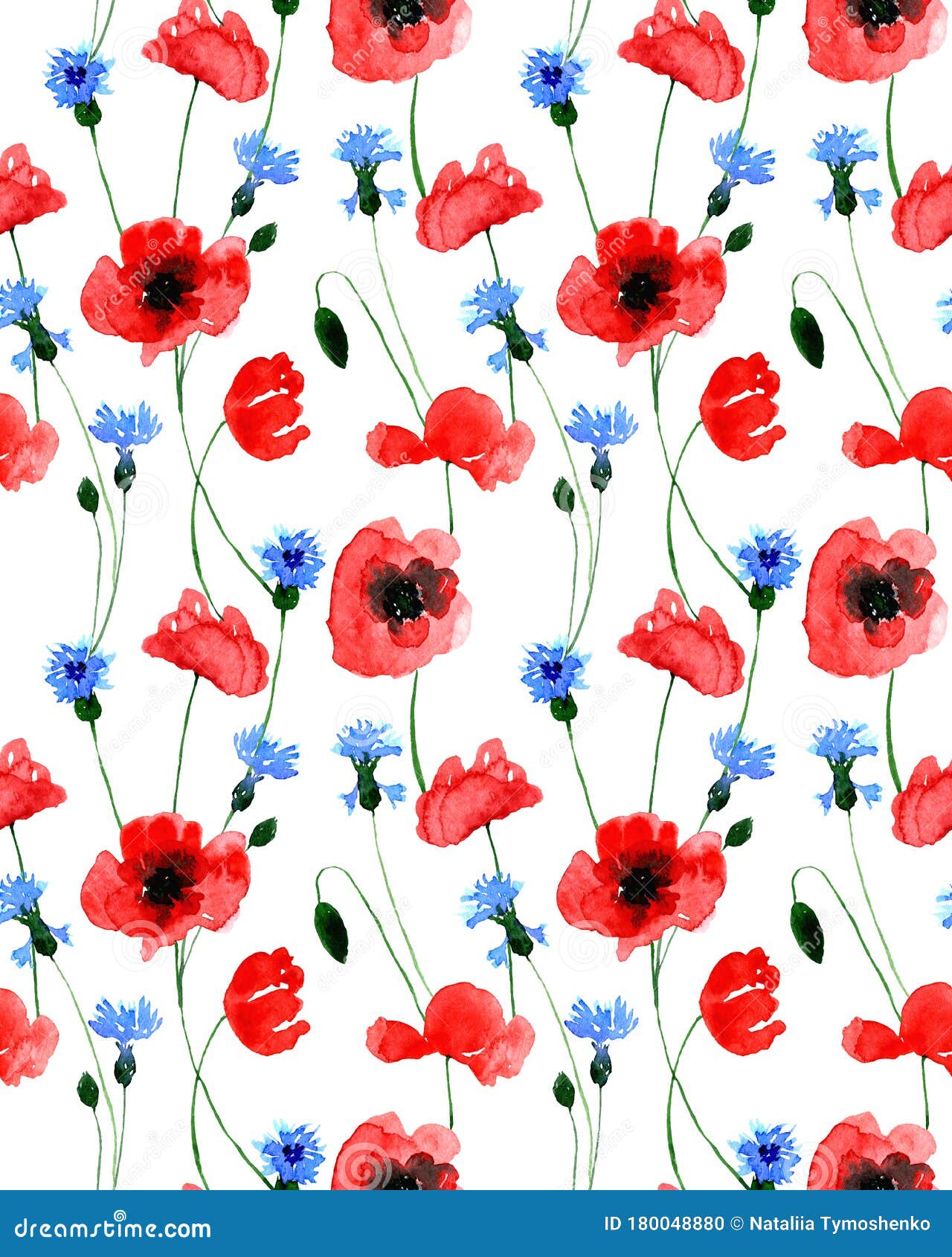 Watercolor Seamless Wild Field Poppy And Cornflower Flower Pattern Endless Print For Textile Clothes Fashion Linens Dress Stock Illustration Illustration Of Beautiful Flora 180048880