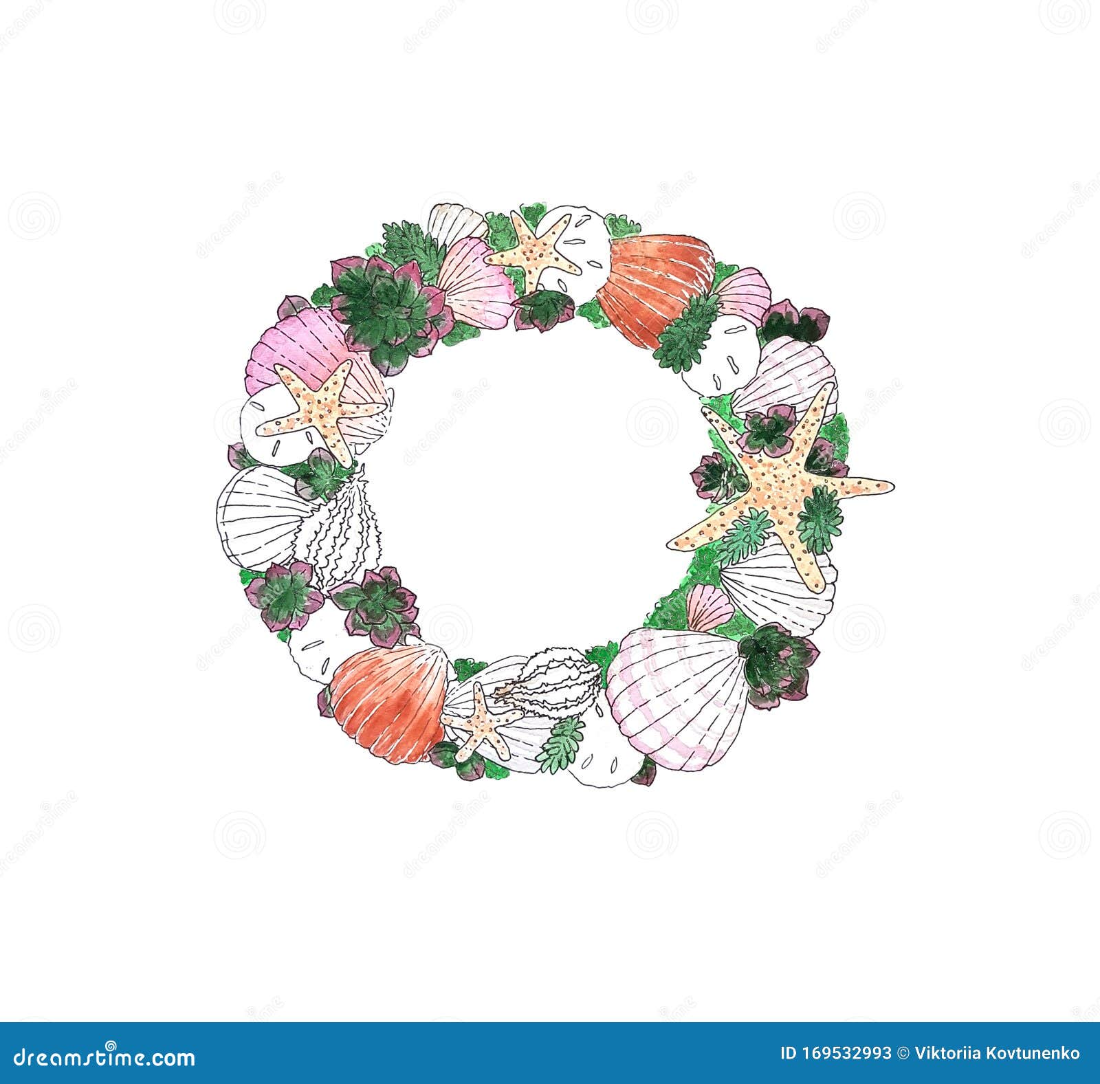 Watercolor Seashell Succulent Wreath. Hand Draw Sketch Illustration On