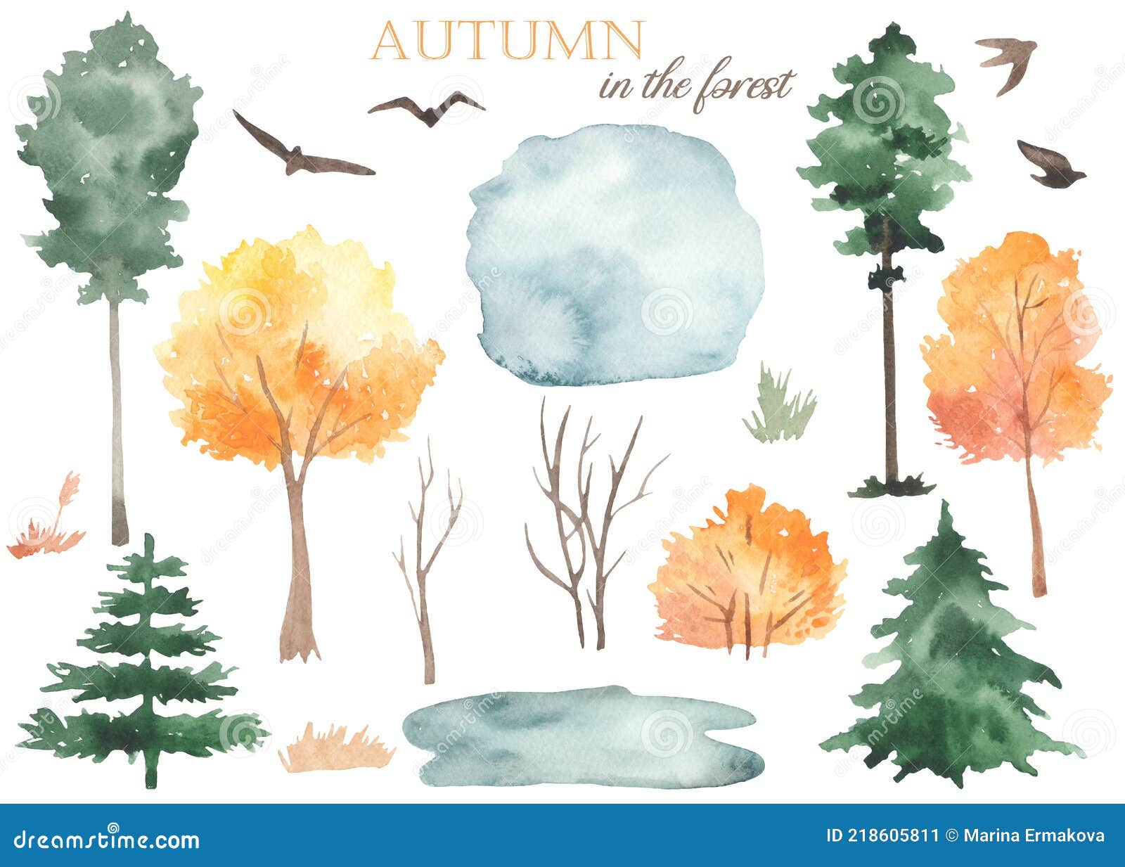 watercolor set with autumn trees, bushes, pines, fir trees, puddle, grass, migratory birds