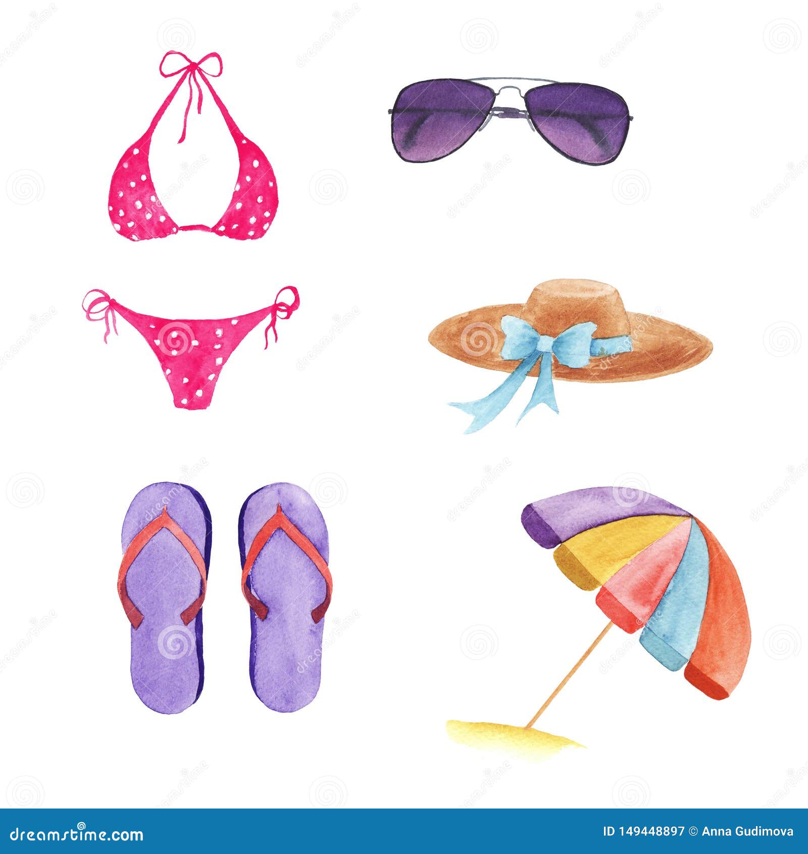 Watercolor Set of Beachwear and Accessories Stock Illustration ...