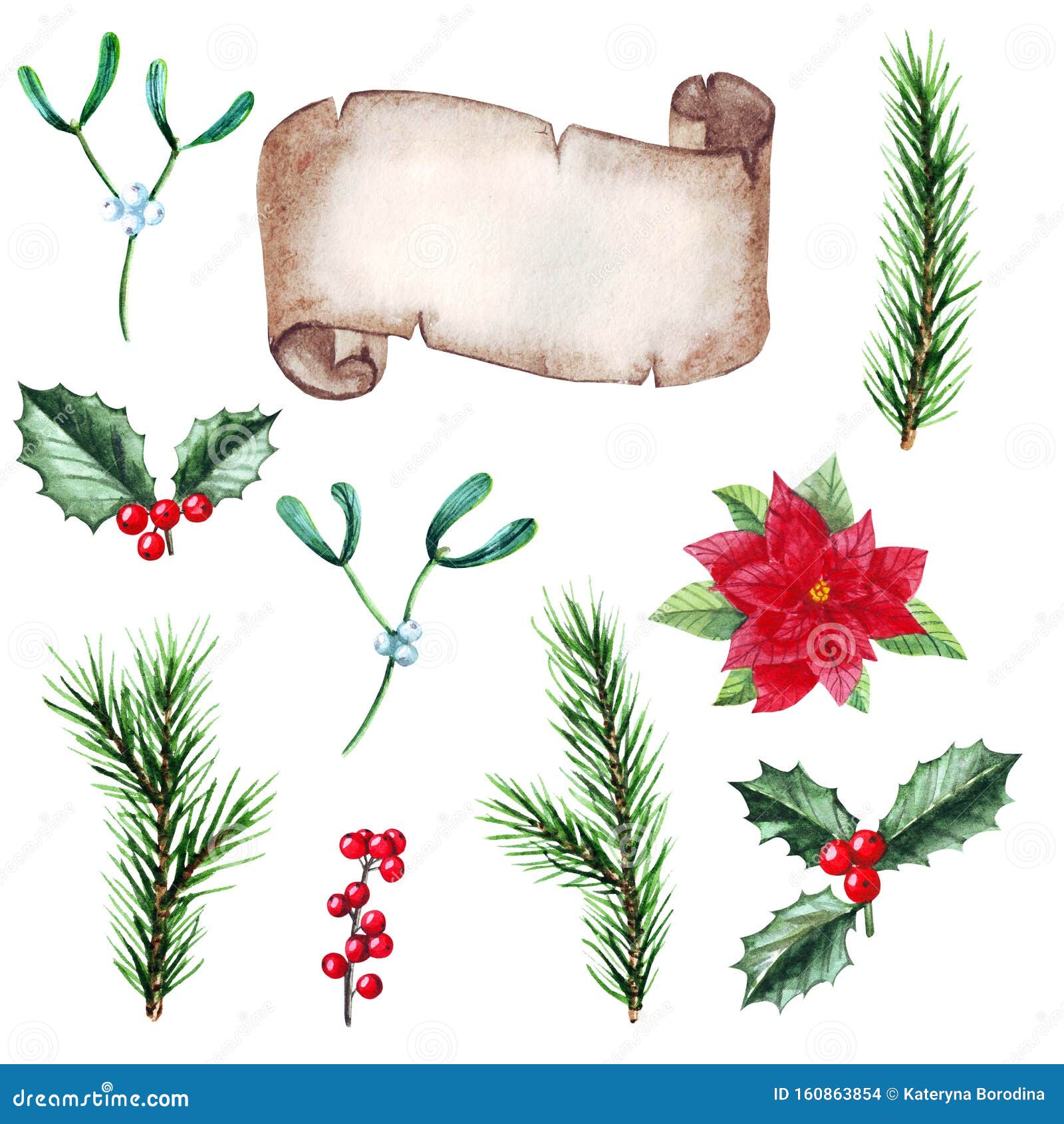 watercolor set of christmas decorations, cozy s, evergreen coniferous tree branches, berries and leaves, scroll