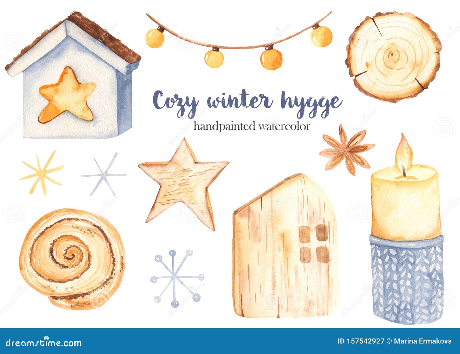 Download Watercolor Set Clipart Cozy Winter Hygge With Wooden Houses Candle Garland Lantern Bun Stock Illustration Illustration Of Christmas Holiday 157542927
