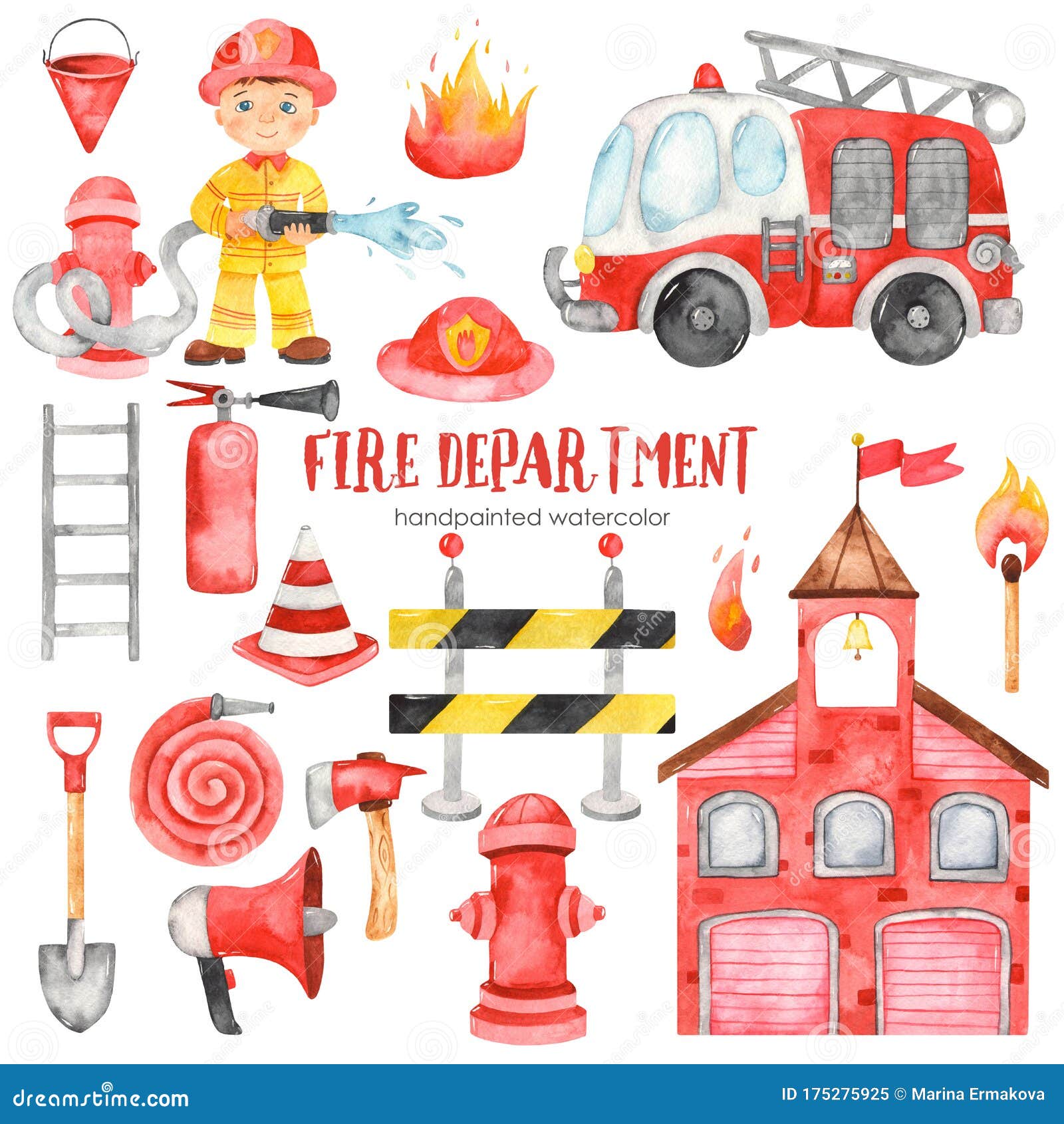 watercolor set clipart with cute cartoon fire station, fireman, fire truck and fire equipment for kids