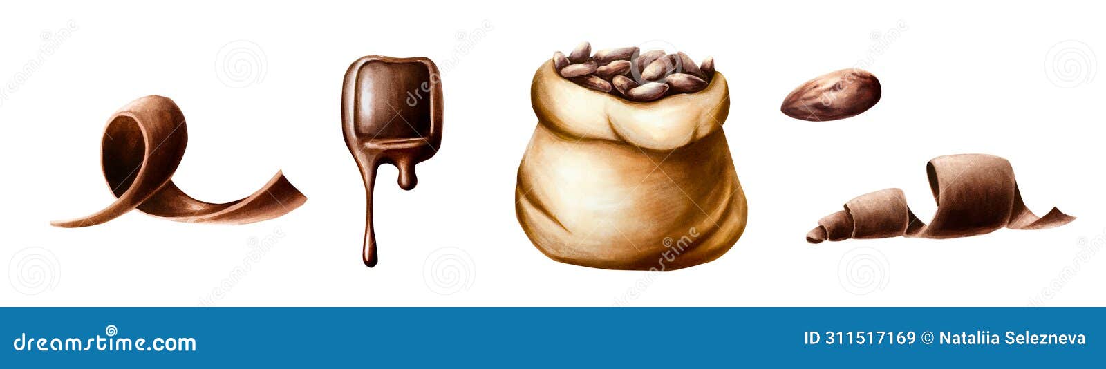 watercolor set of curl slices of chocolate, cocoa beans in a canvas bag and melted liquid chocolate. hand drawn coiled