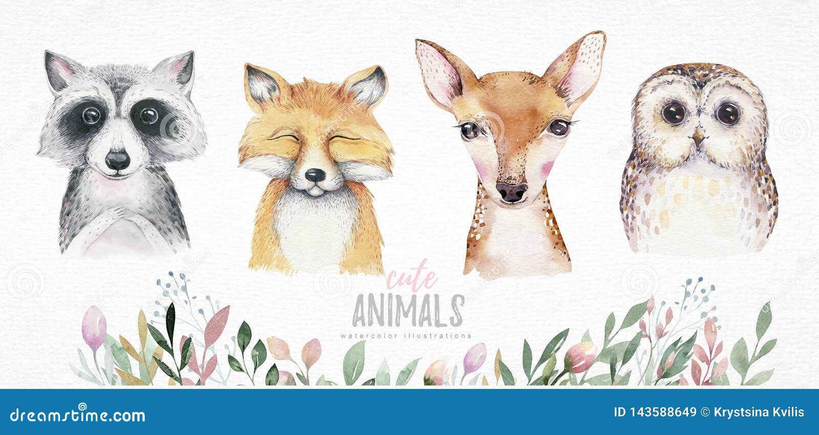 watercolor set of forest cartoon  cute baby fox, deer, raccoon and owl animal with flowers. nursery woodland