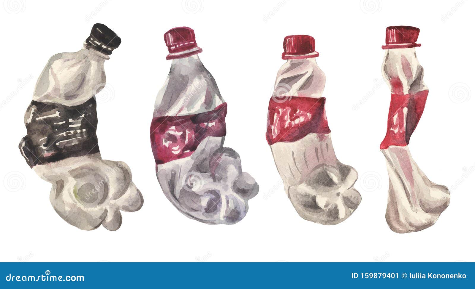 A Watercolor Set of Four Crumpled Plastic Bottles on the Topic of