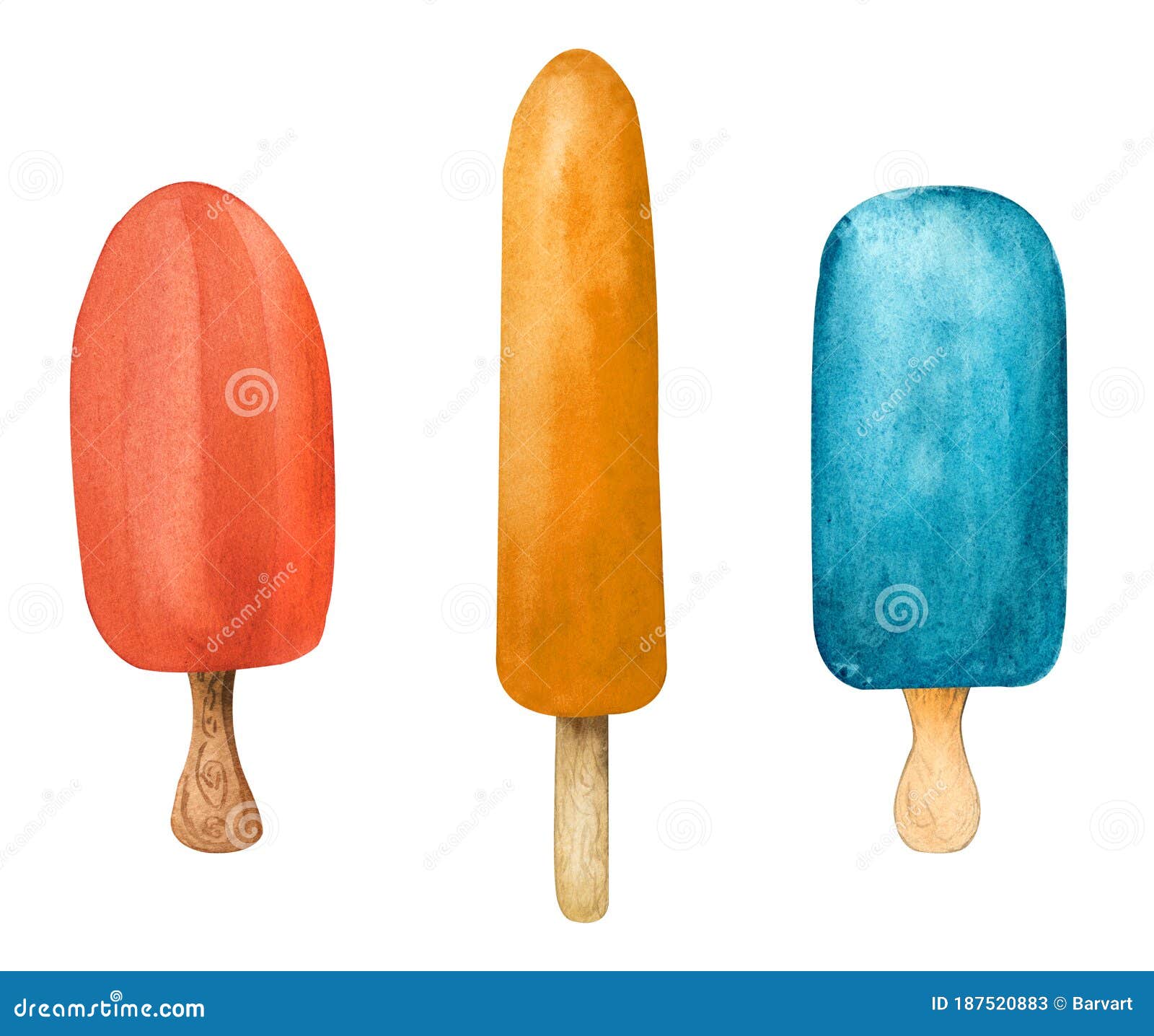 Watercolor Set of Fruit Ice Cream on Stick Isolated on White Background.  Sweet Iced Dessert Stock Illustration - Illustration of lolly, product:  187520883