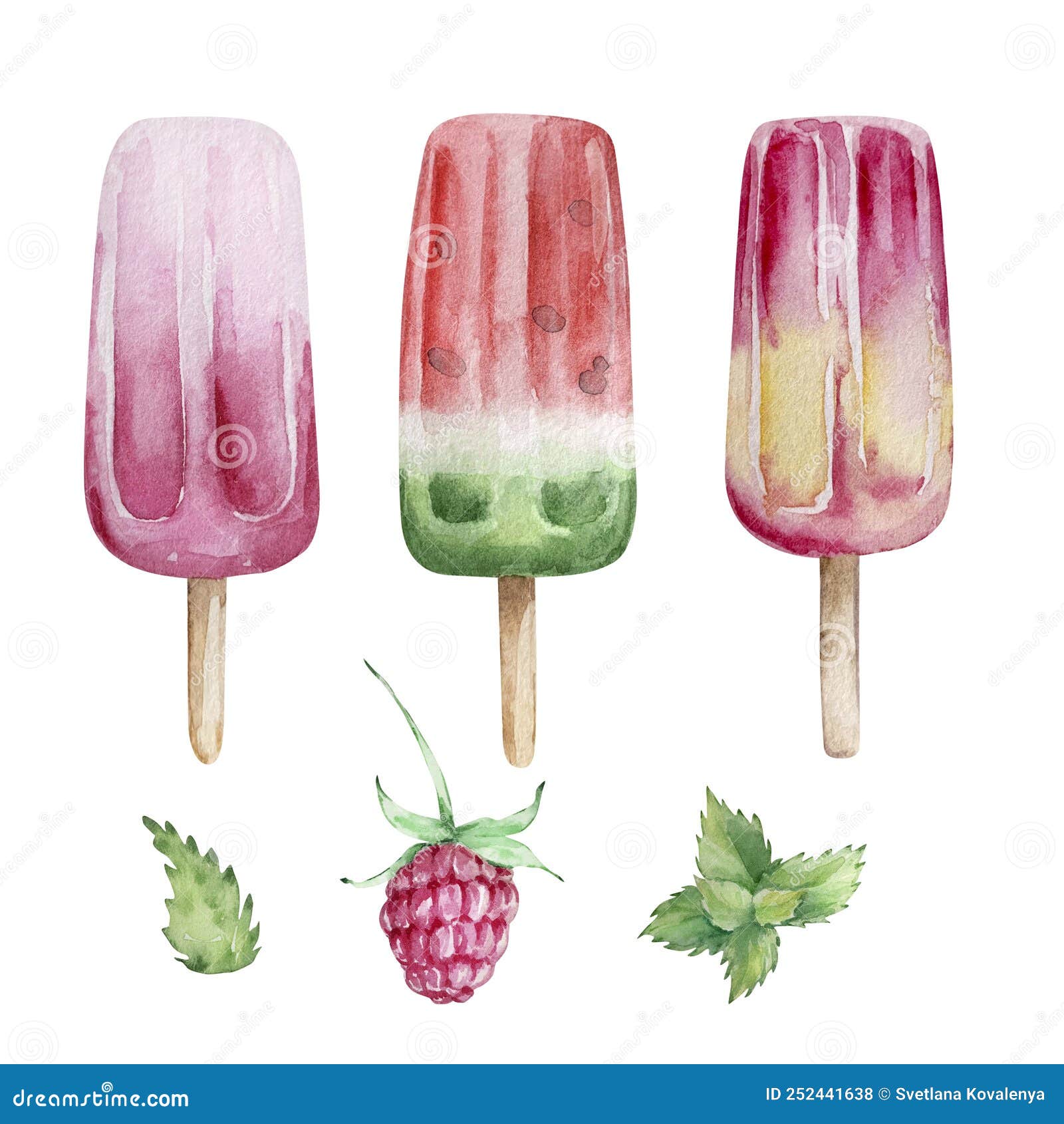Watercolor Set of Fruit Ice Creams on a Stick Stock Vector
