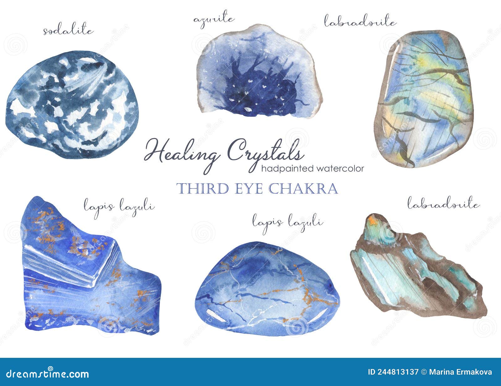 watercolor set of healing crystals of the third eye chakra sodalite, azurite, lapis lazuli, labradorite