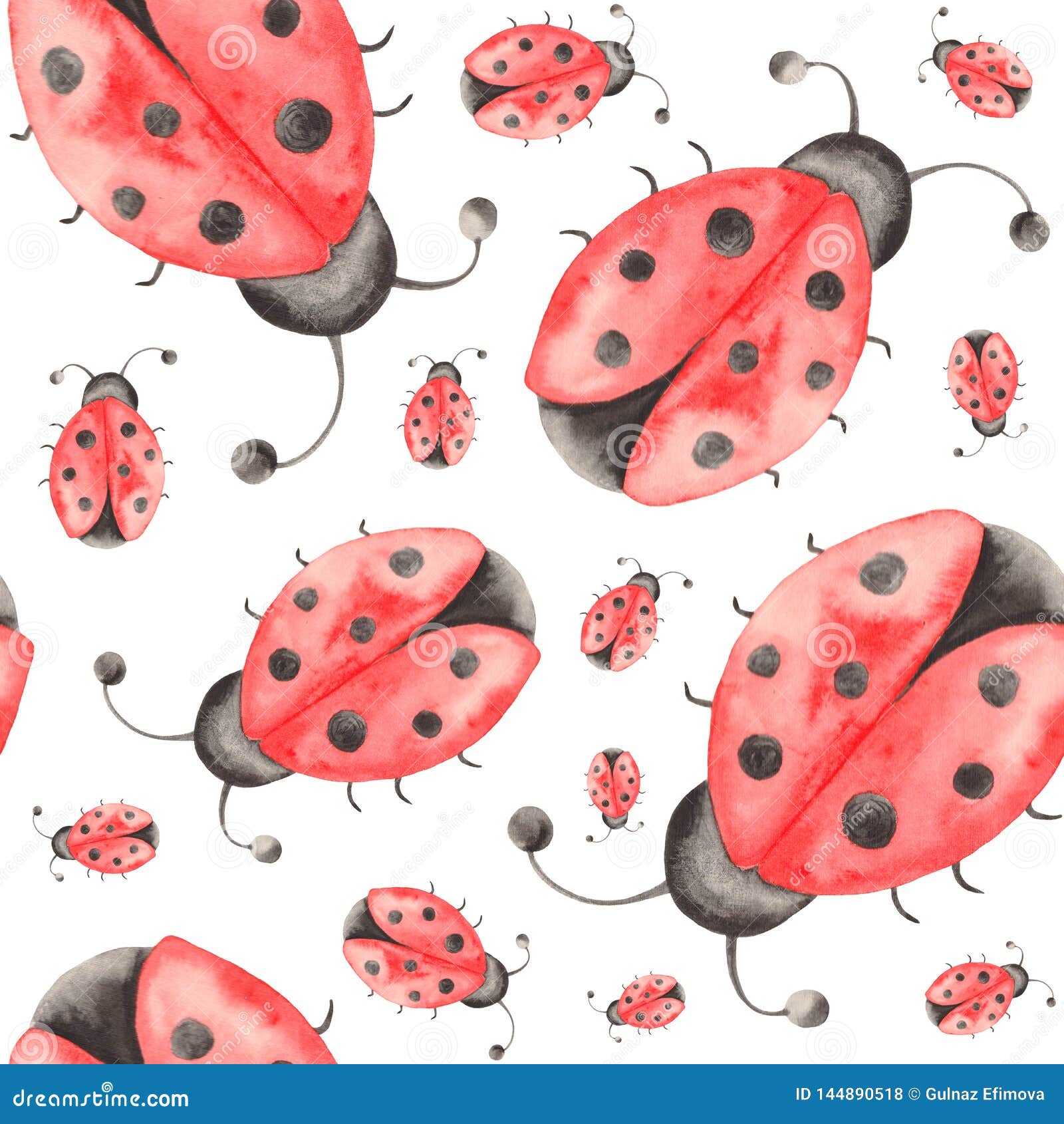 watercolor pattern of insects, ladybugs, bedbugs, beetles with leaves on a white background.