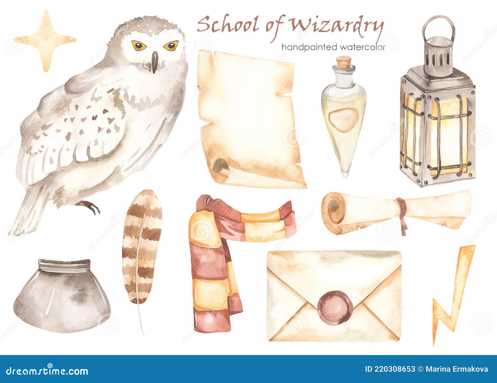 watercolor set school of wizardry with owl, scarf, letter, scroll, potion, lantern, inkwell