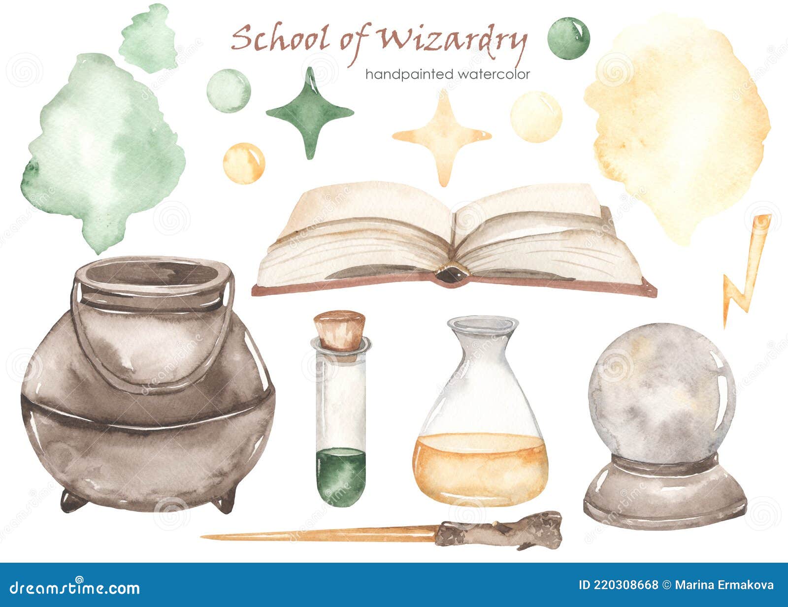 watercolor set school of wizardry with potion, cauldron, book of magic, magic wand, elixirs, crystal ball