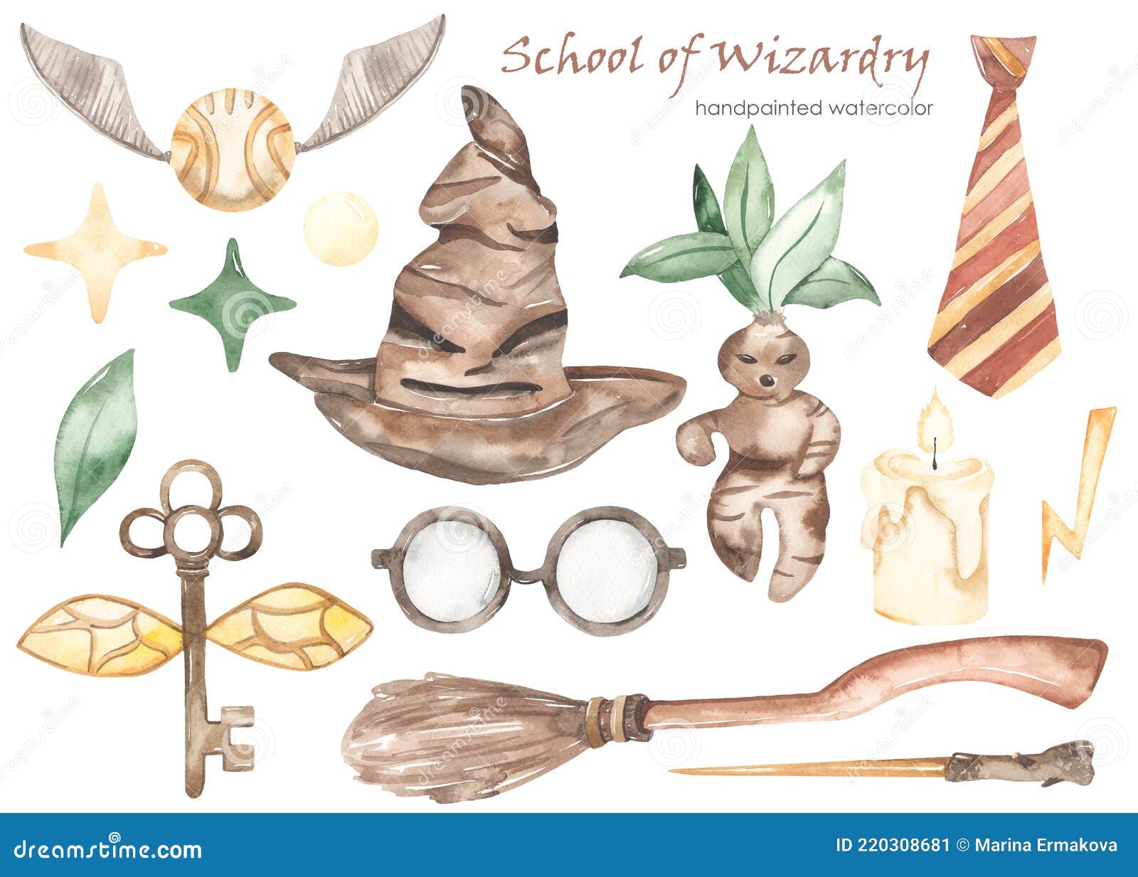 watercolor set school of wizardry with talking hat, snitch, tie, mandrake, broom, candle, key, glasses