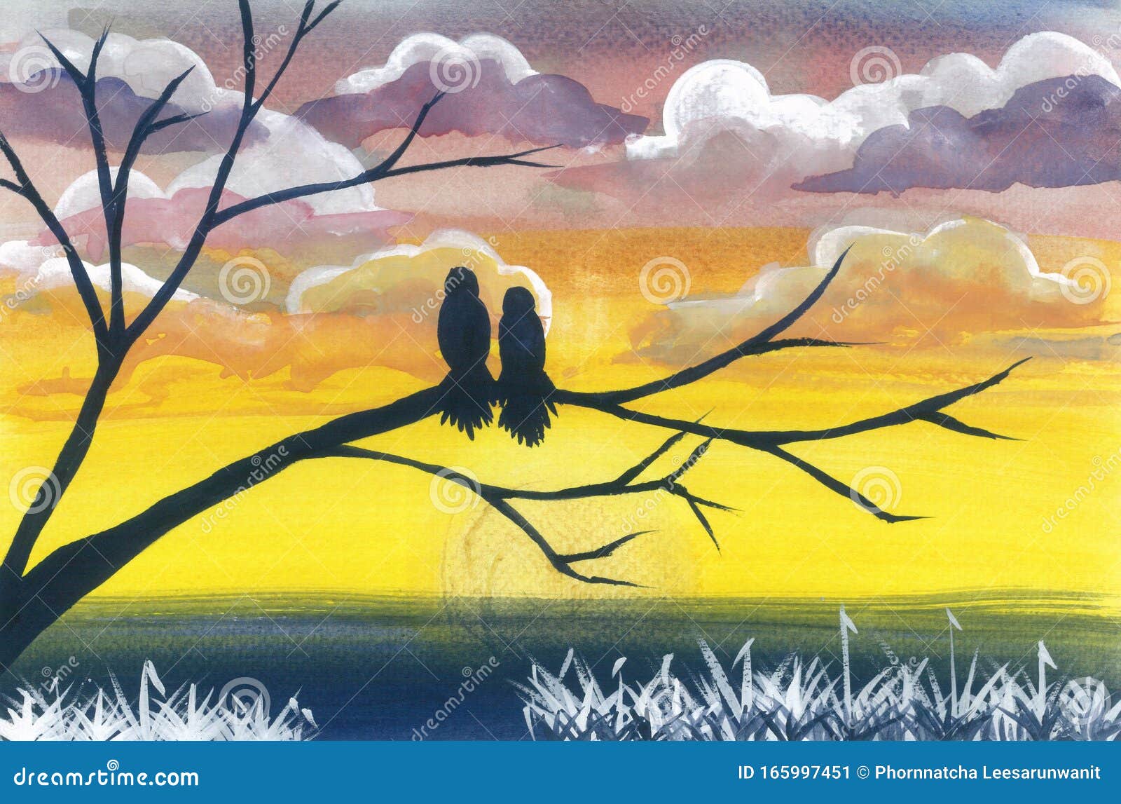 Watercolor Silhouette Of A Bird Couple Two Birds On Tree Branch In Sunset Time With Copy Space; Watercolor Backdrop Hand Drawn Stock Illustration - Illustration Of Group, Color: 165997451