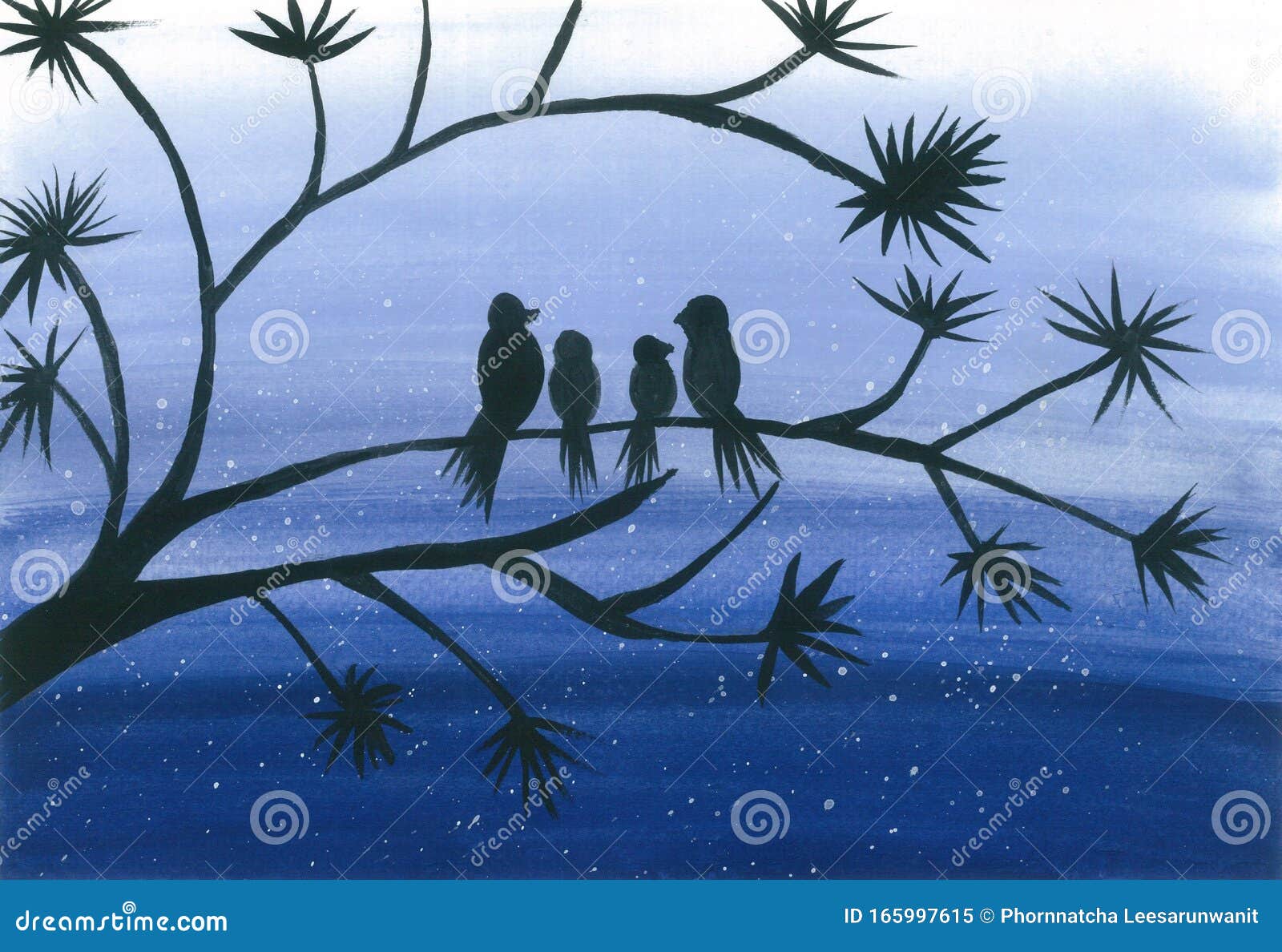 Watercolor Silhouette Of A Bird Familyfather, Mother And Two Children On Tree Branch In Night Time With Copy Space; Watercolor Stock Illustration - Illustration Of Bird, Baby: 165997615