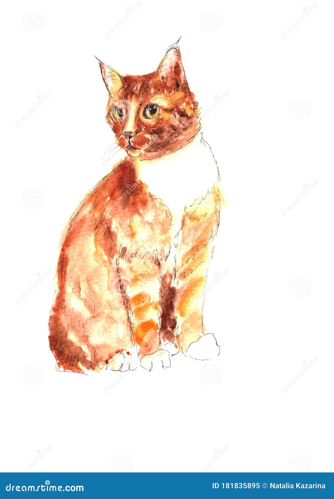 Watercolor Sitting Ginger Cat with Green Eyes Stock Illustration