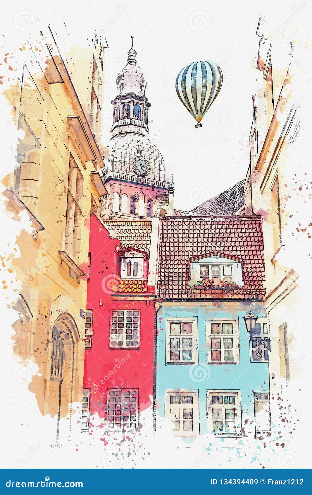 a watercolor sketch or an  of a beautiful view of the architecture of riga.